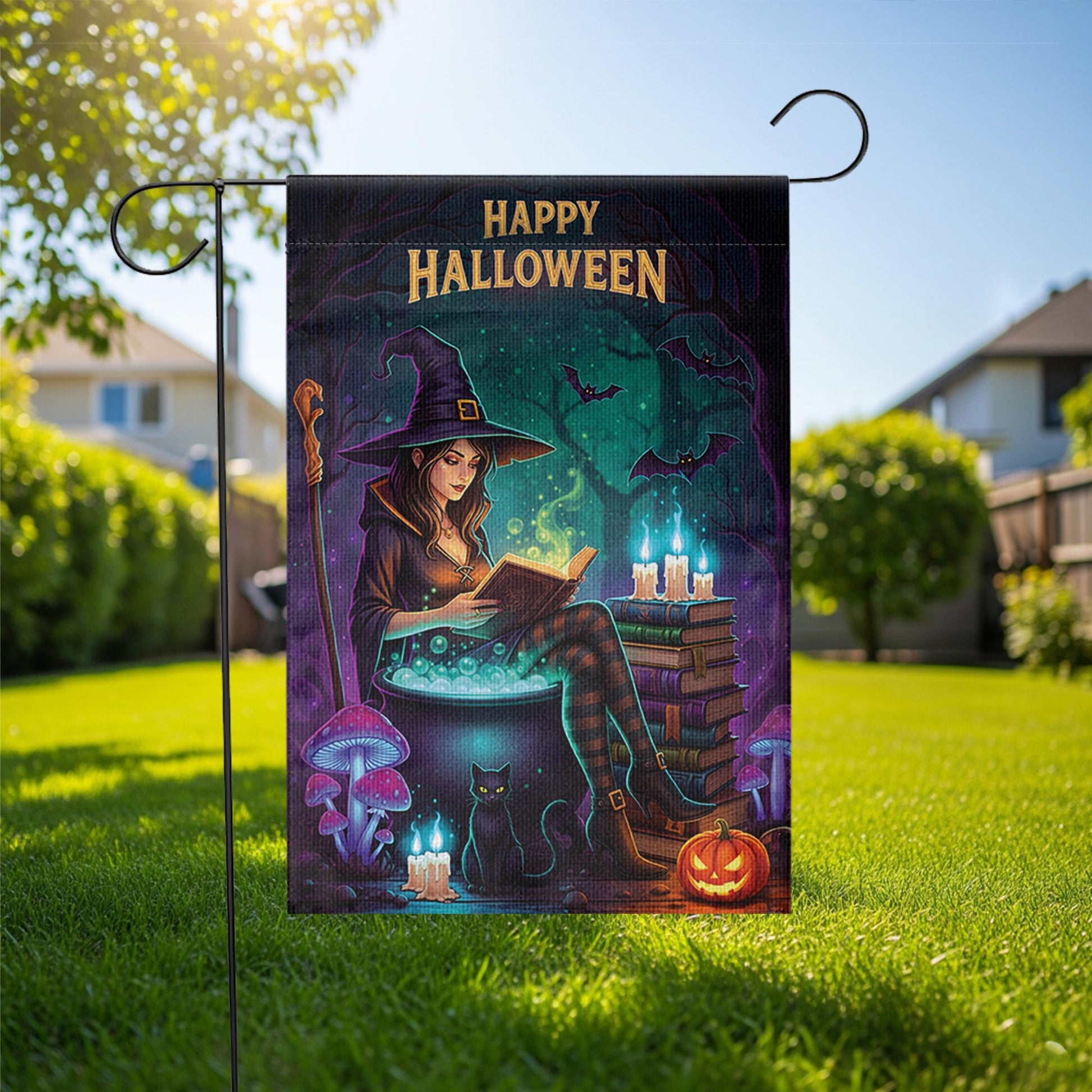 Halloween Witch Garden Flag – Spooky Reading Witch Yard Decor with Cat and Cauldron