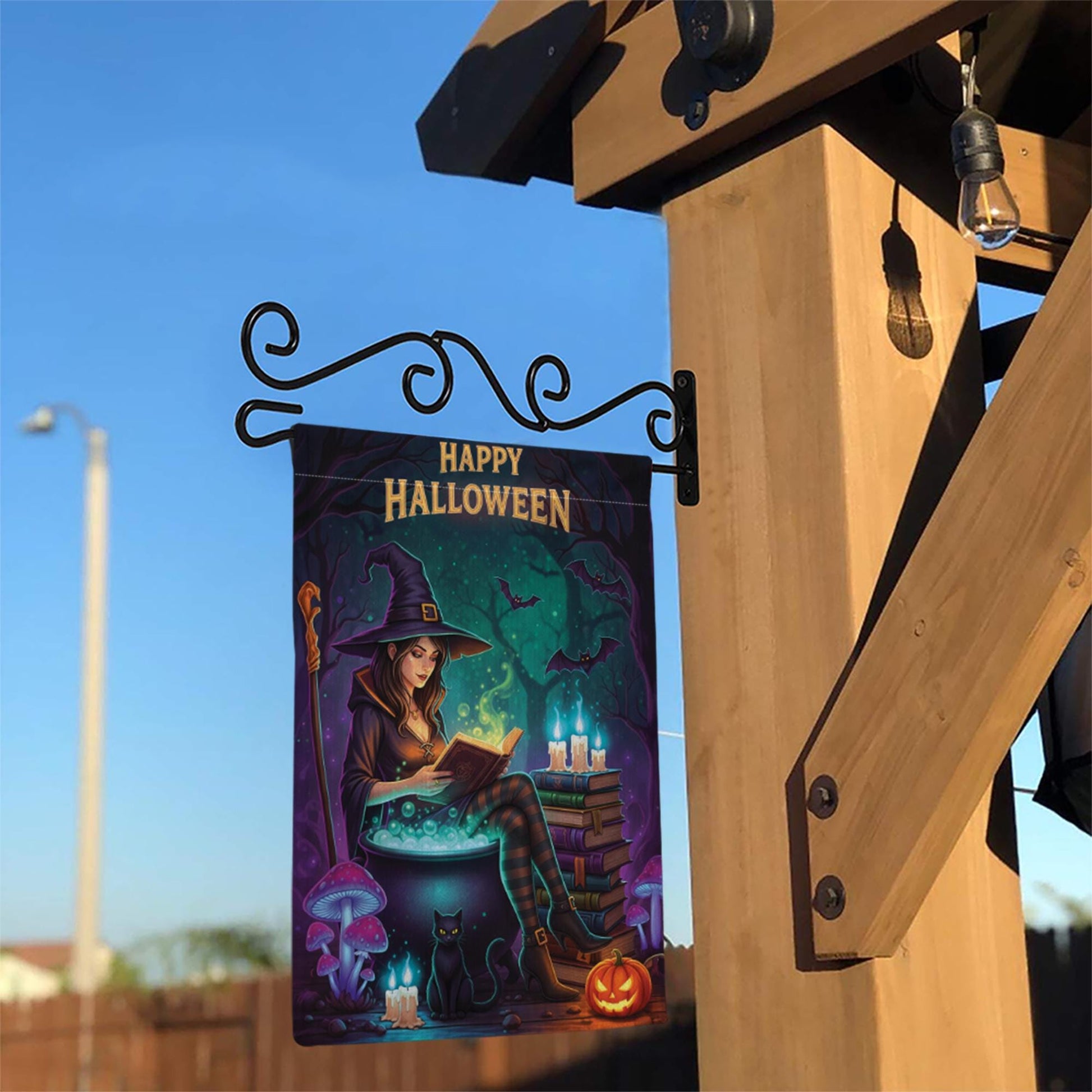 Halloween Witch Garden Flag – Spooky Reading Witch Yard Decor with Cat and Cauldron