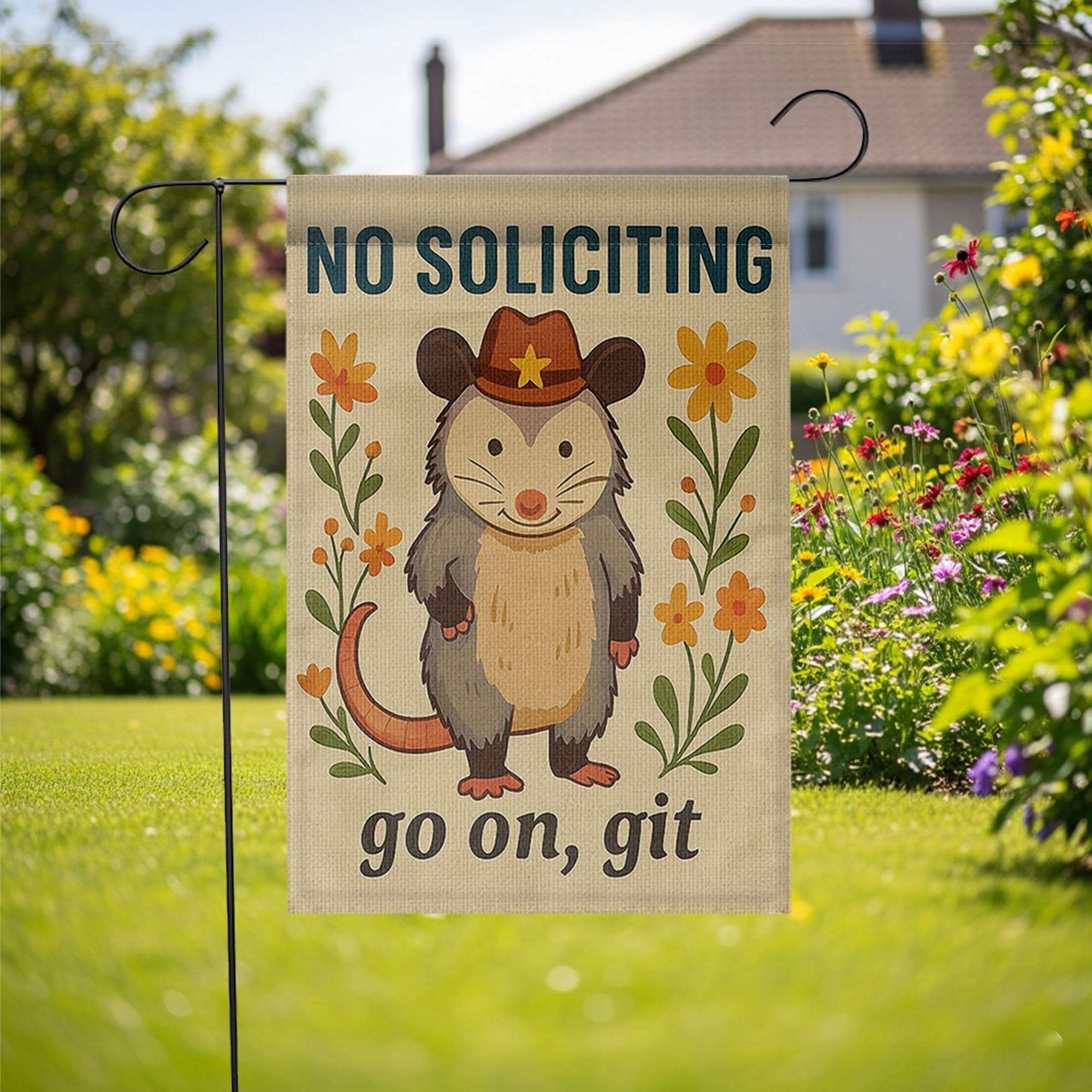 Funny No Soliciting Garden Flag, Cowboy Possum Yard Decor, Go On Git Door Sign, Country Humor Lawn Banner, Anti Solicitor Gift