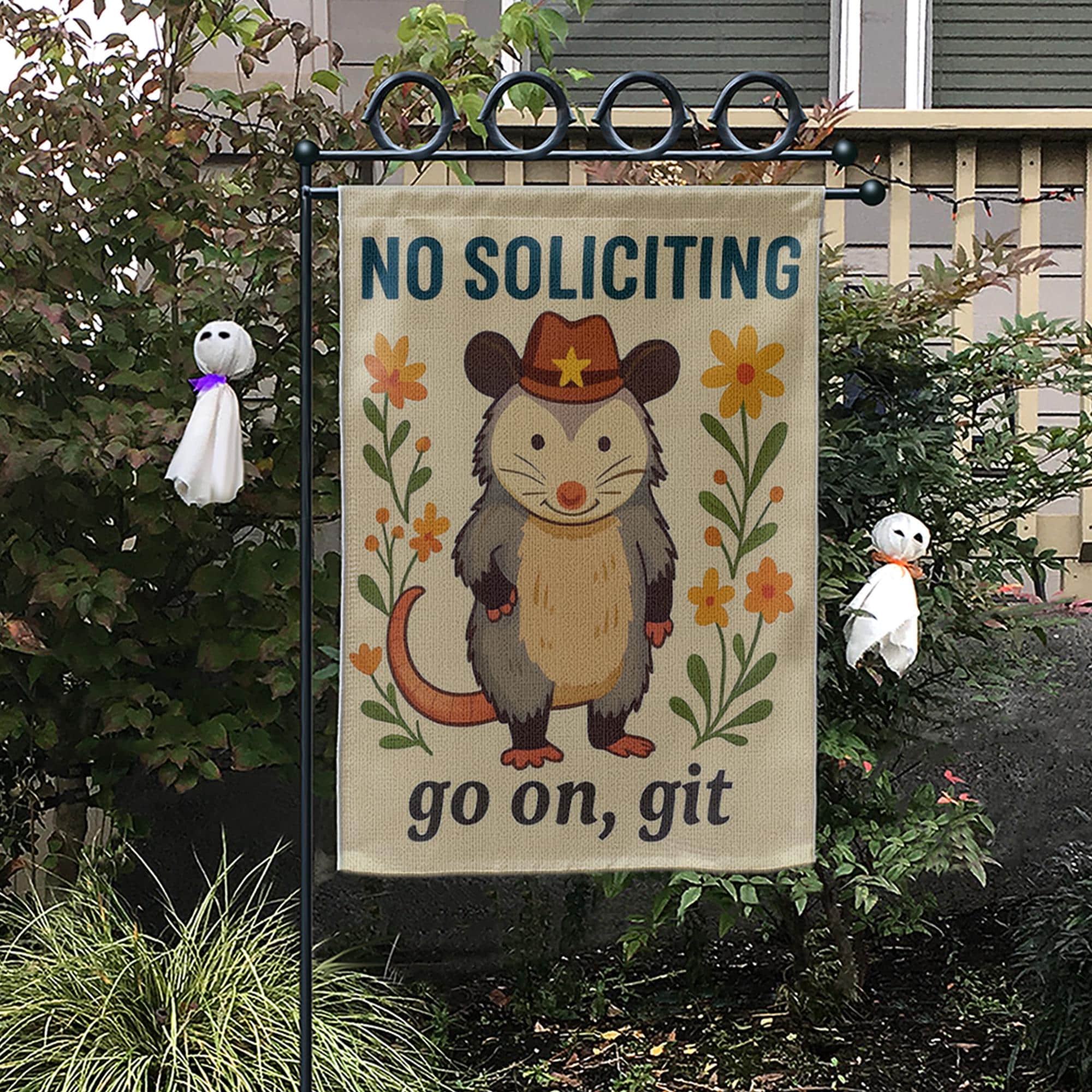 Funny No Soliciting Garden Flag, Cowboy Possum Yard Decor, Go On Git Door Sign, Country Humor Lawn Banner, Anti Solicitor Gift