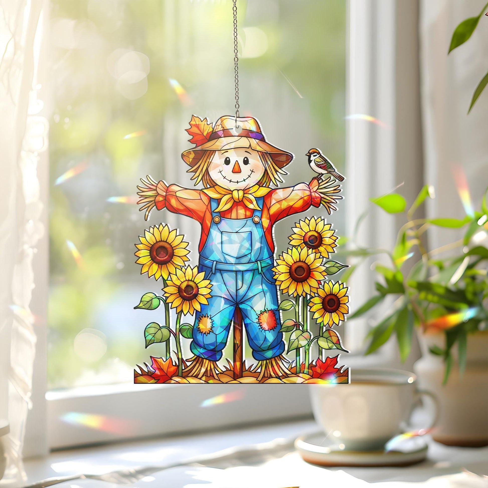 Fall Scarecrow Window Hanging – Sunflower Farmhouse Suncatcher for Autumn Decor – Cute Hologram Harvest Decoration Gift
