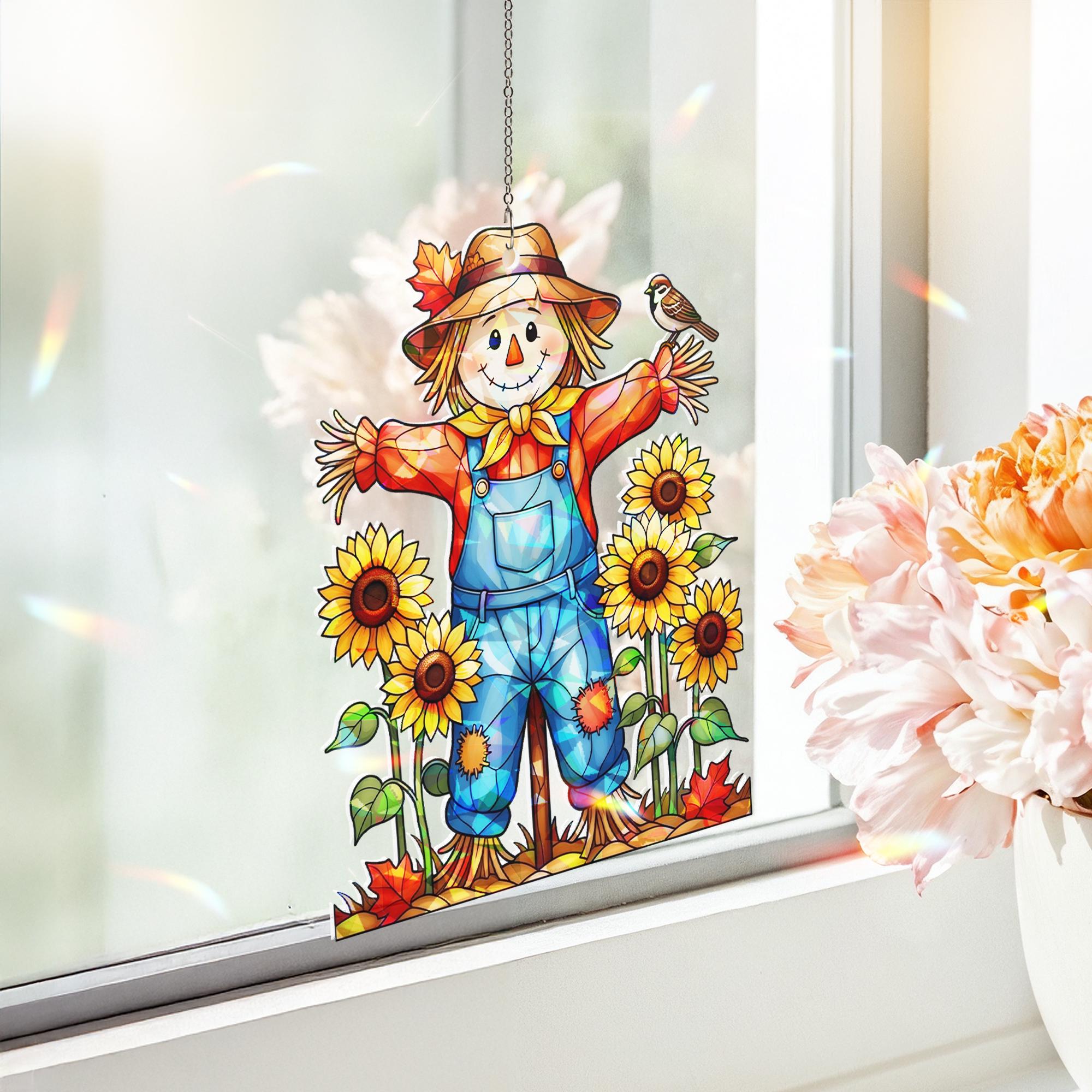Fall Scarecrow Window Hanging – Sunflower Farmhouse Suncatcher for Autumn Decor – Cute Hologram Harvest Decoration Gift