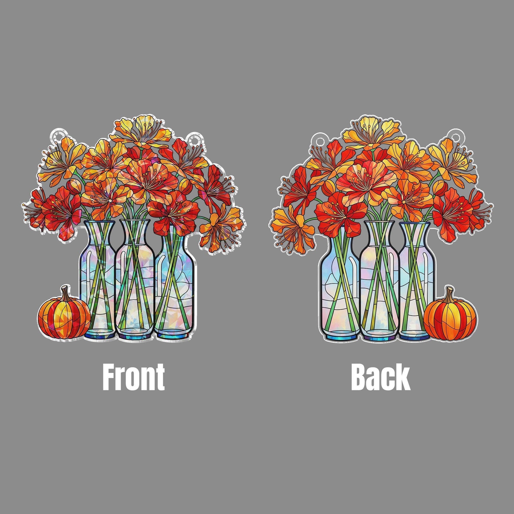 Fall Flower Vase Window Hanging – Holographic Autumn Suncatcher with Pumpkin – Seasonal Floral Decor for Kitchen or Living Room