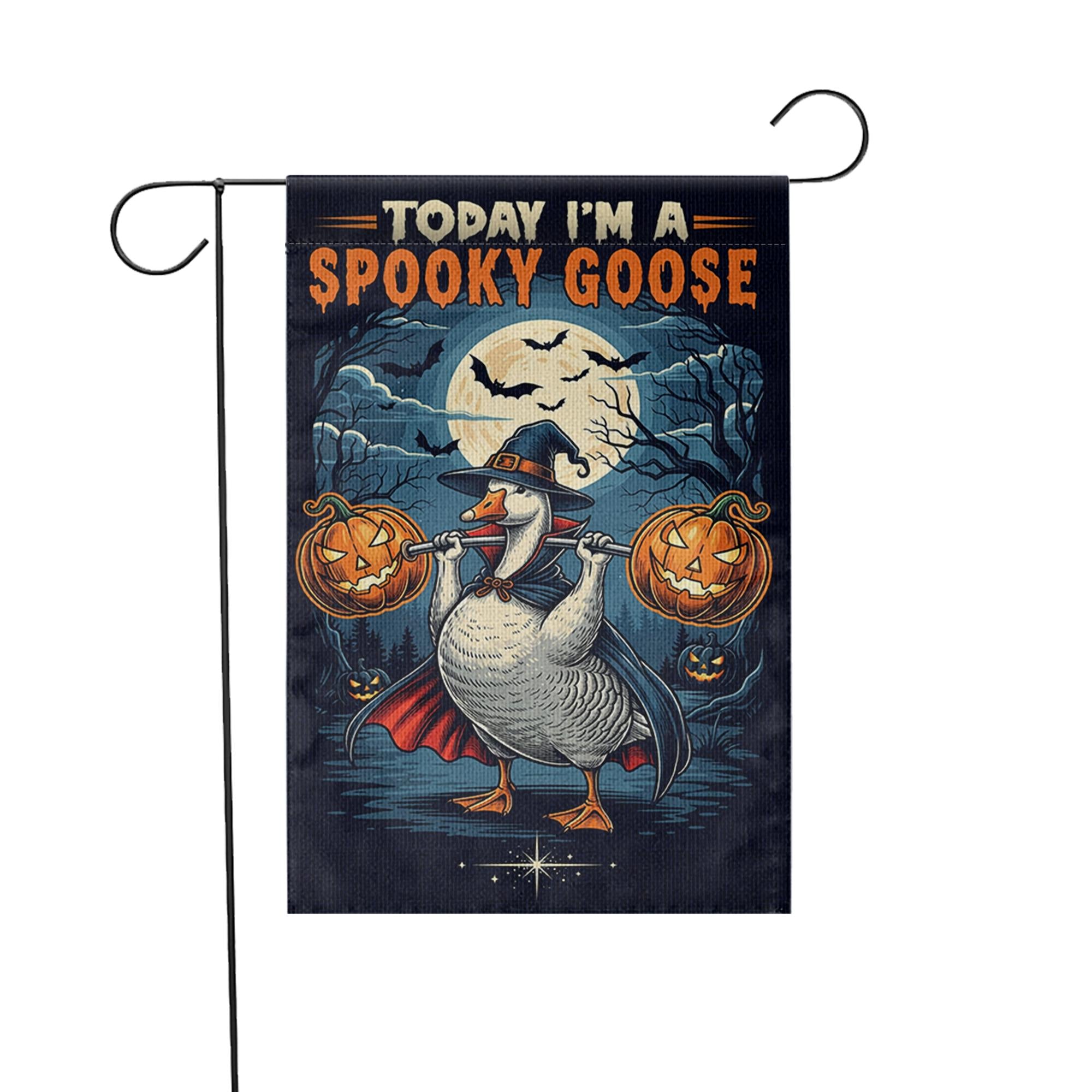 Funny Spooky Goose Halloween Garden Flag – Witch Goose with Pumpkins Yard Decor