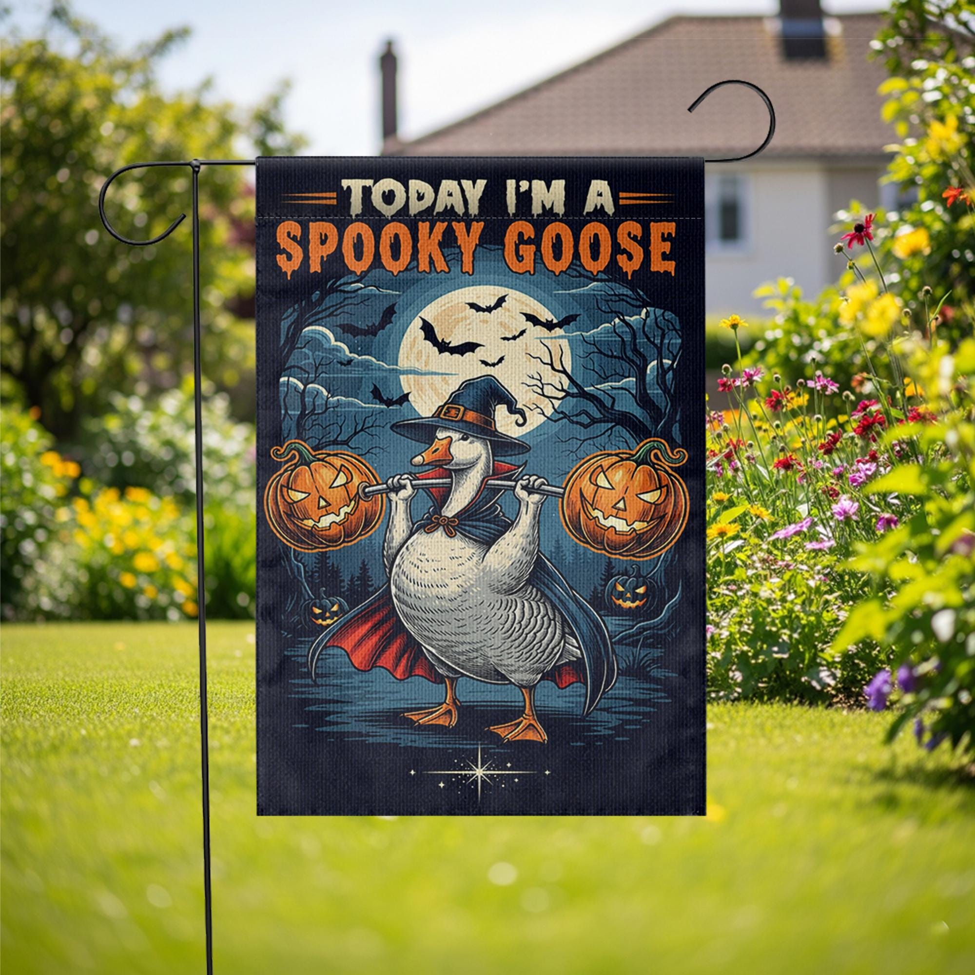 Funny Spooky Goose Halloween Garden Flag – Witch Goose with Pumpkins Yard Decor