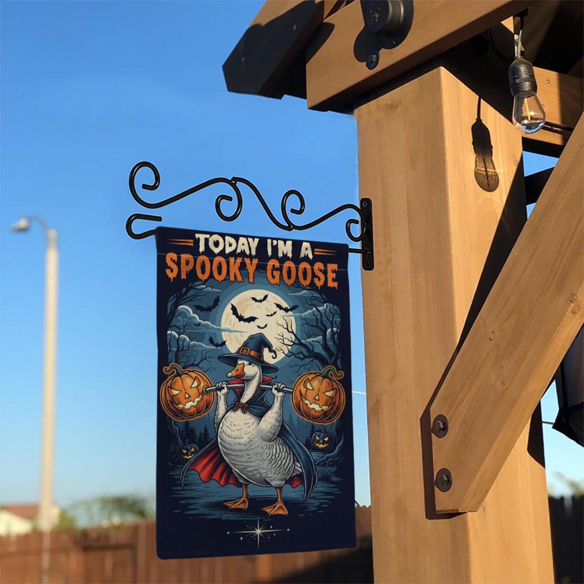 Funny Spooky Goose Halloween Garden Flag – Witch Goose with Pumpkins Yard Decor