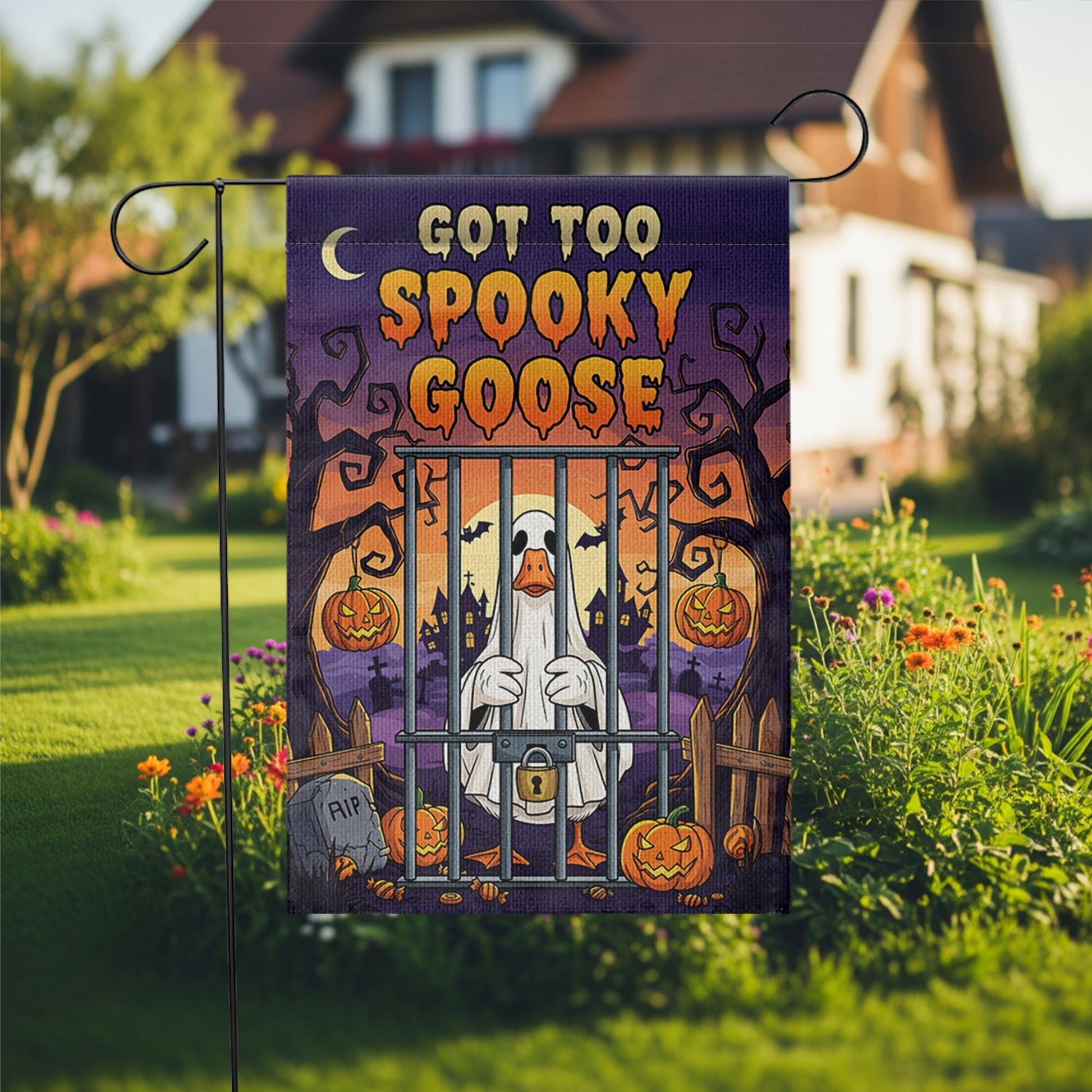 Funny Halloween Goose Garden Flag – Got Too Spooky Goose Yard Decor with Ghost Costume