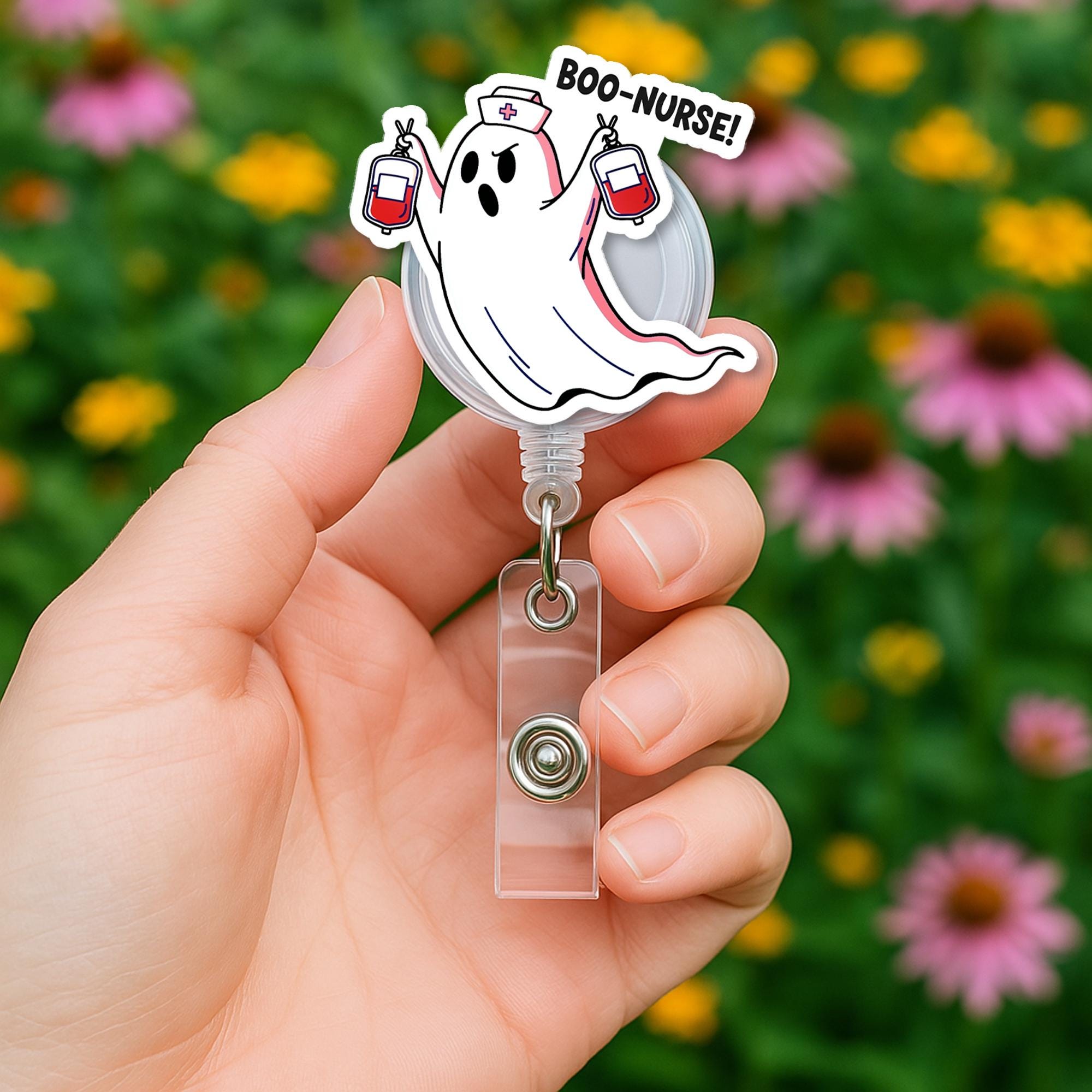 Boo Nurse Ghost Badge Reel – Funny Halloween ID Holder for Nurses – Cute Spooky Badge Clip for Hospital, Clinic, or Medical Staff