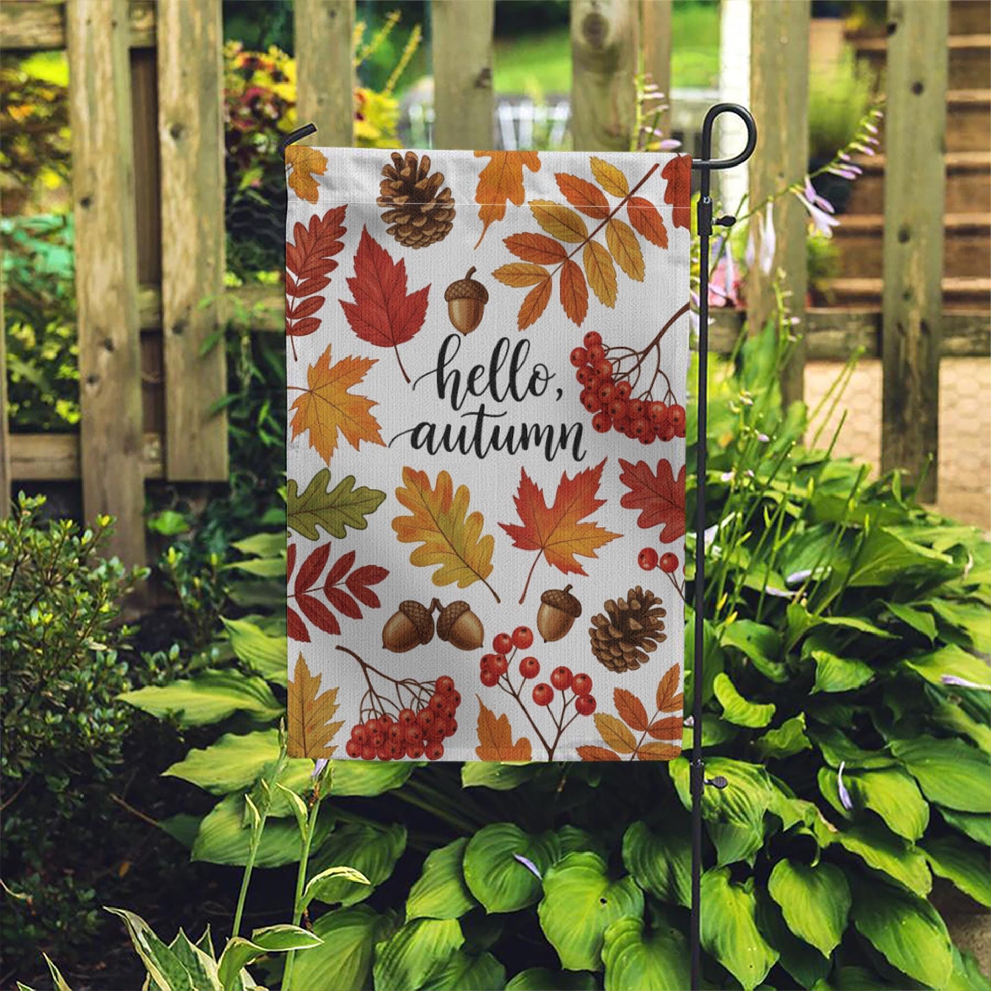 Hello Autumn Garden Flag – Fall Yard Decor with Leaves, Acorns & Berries – Seasonal Outdoor Flag for Porch, Lawn, or Front Door