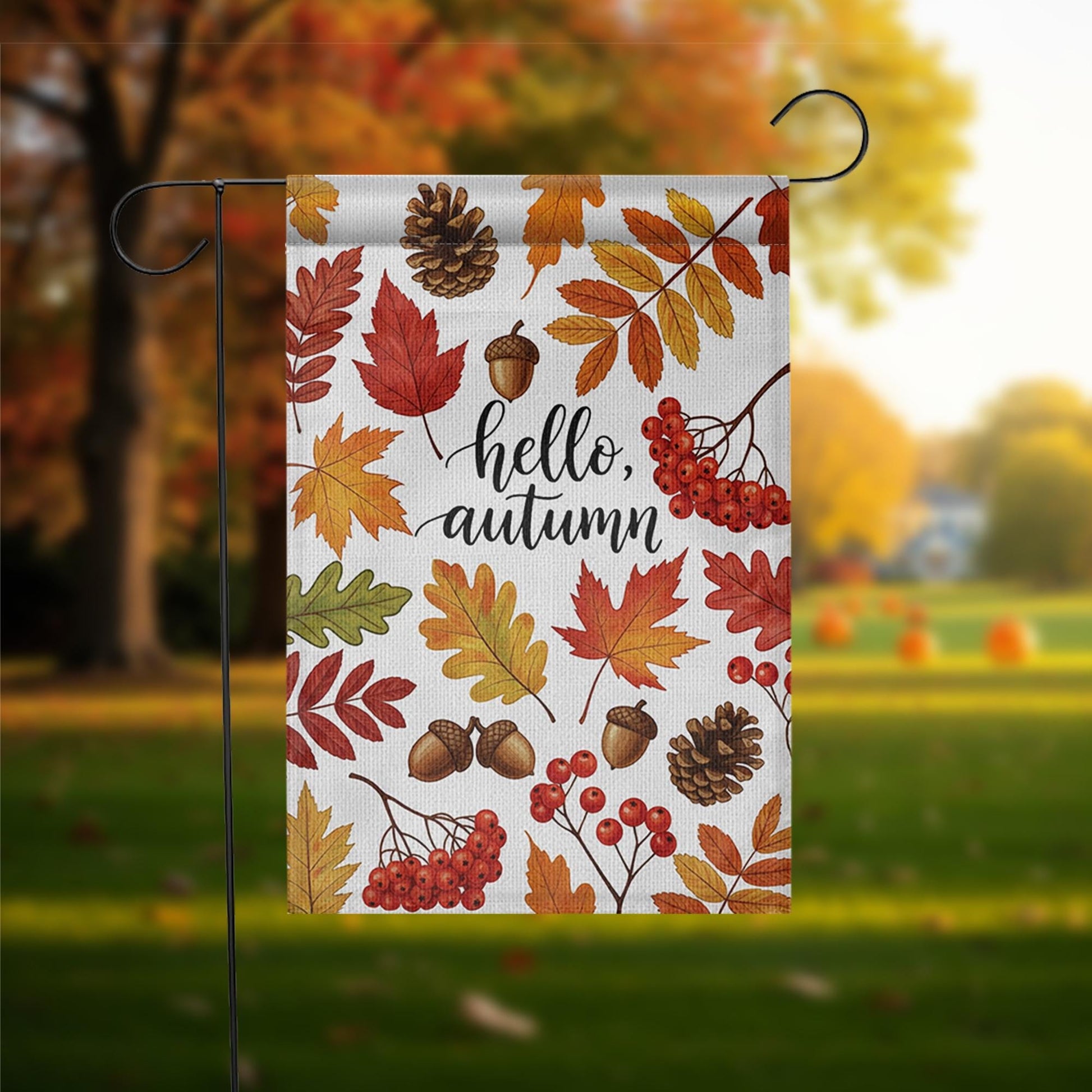 Hello Autumn Garden Flag – Fall Yard Decor with Leaves, Acorns & Berries – Seasonal Outdoor Flag for Porch, Lawn, or Front Door
