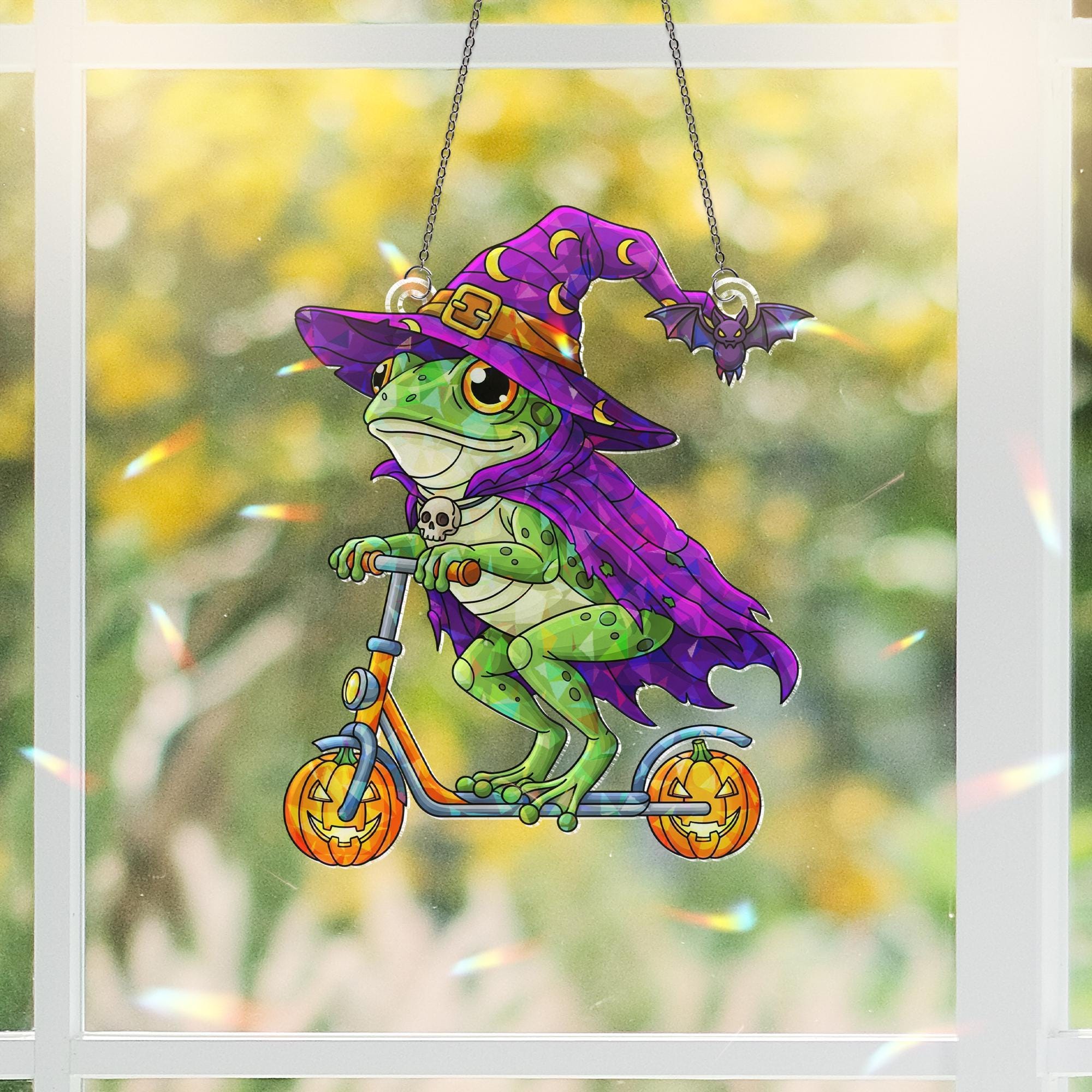 Funny Halloween Frog Suncatcher – Witch Frog on Scooter Window Hanging Decor