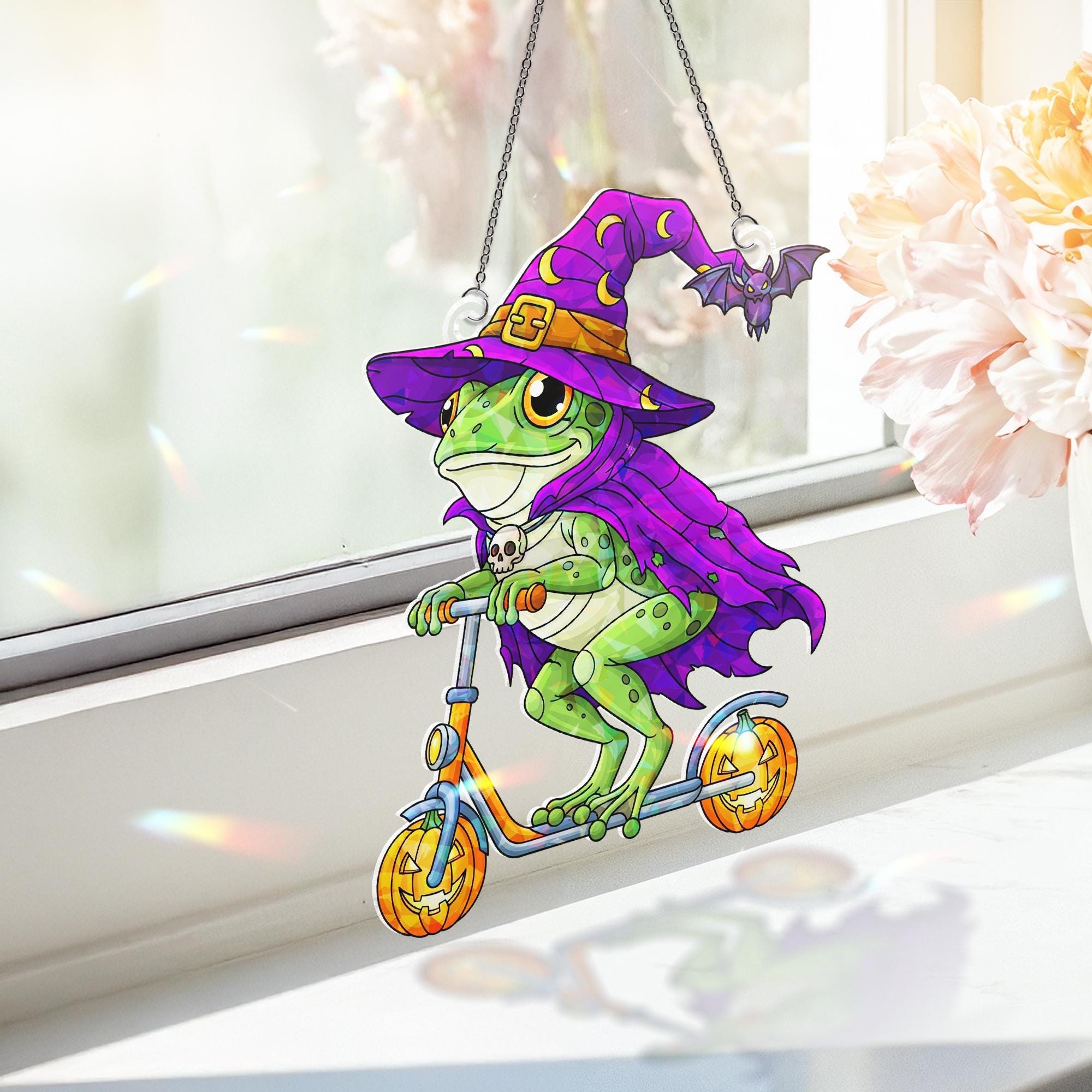 Funny Halloween Frog Suncatcher – Witch Frog on Scooter Window Hanging Decor