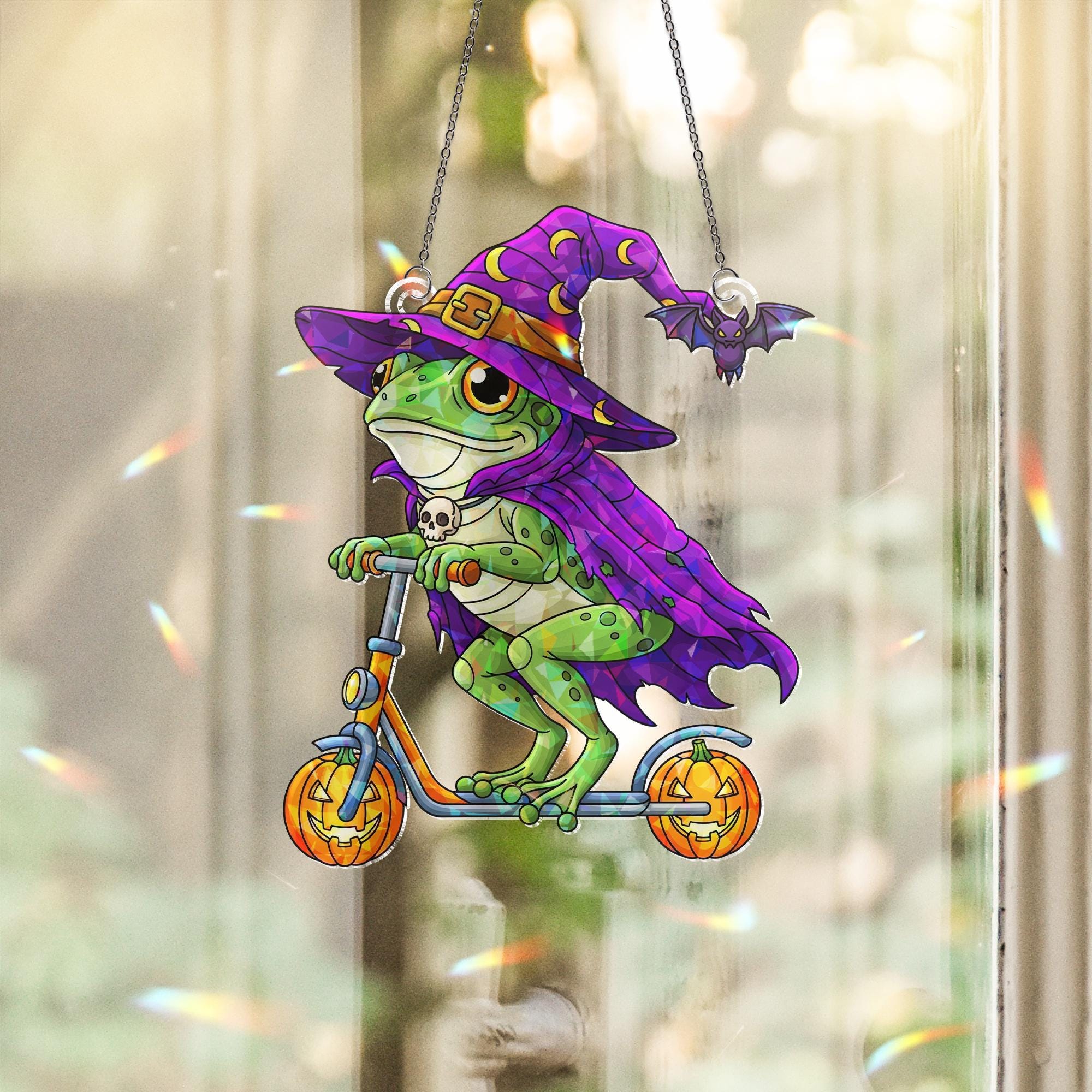 Funny Halloween Frog Suncatcher – Witch Frog on Scooter Window Hanging Decor