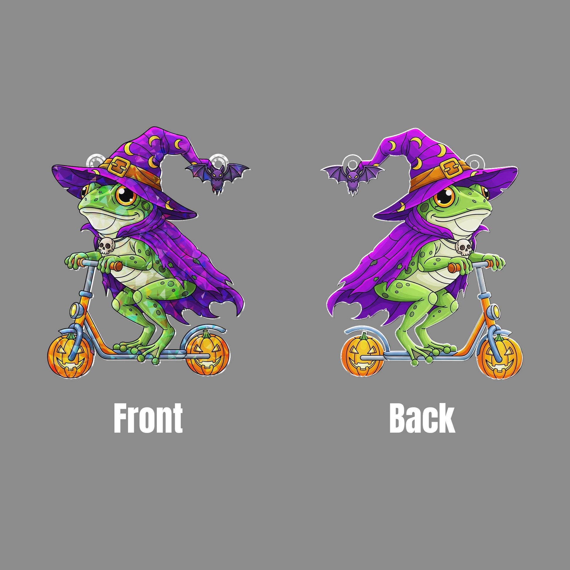 Funny Halloween Frog Suncatcher – Witch Frog on Scooter Window Hanging Decor