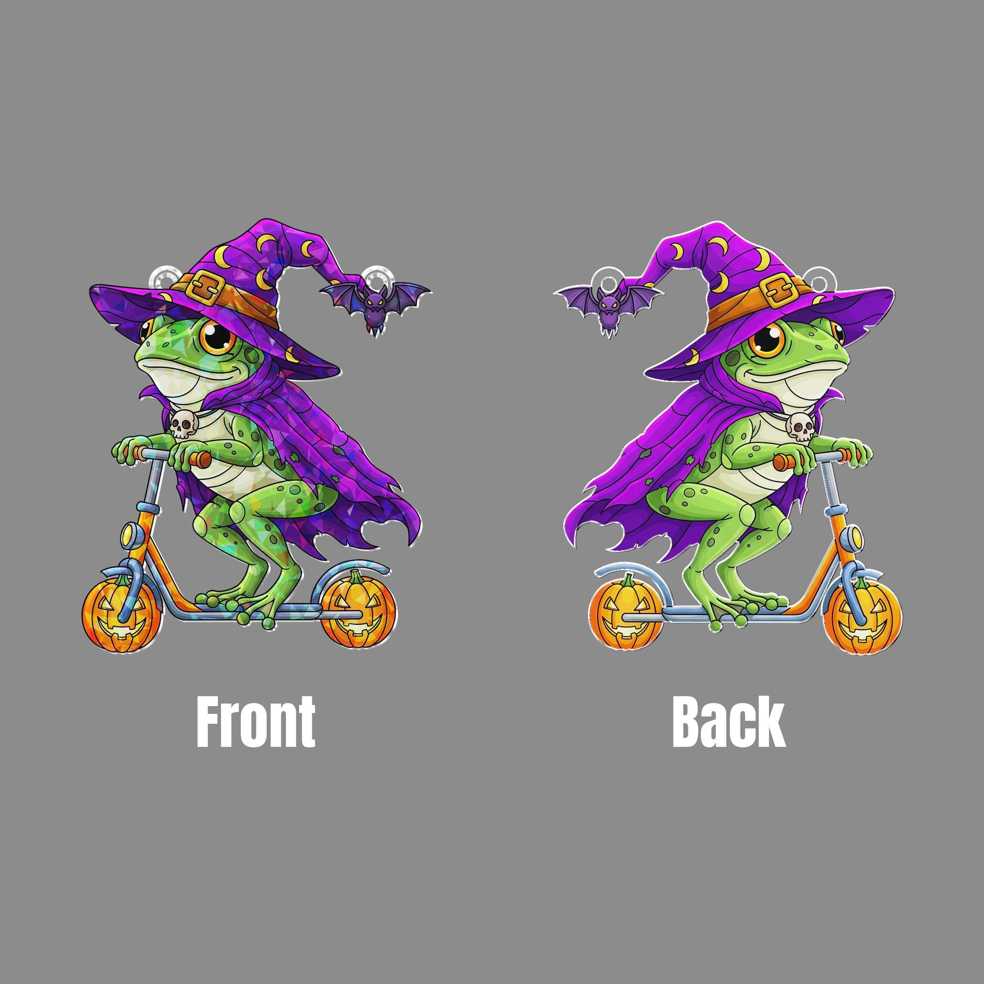 Funny Halloween Frog Suncatcher – Witch Frog on Scooter Window Hanging Decor