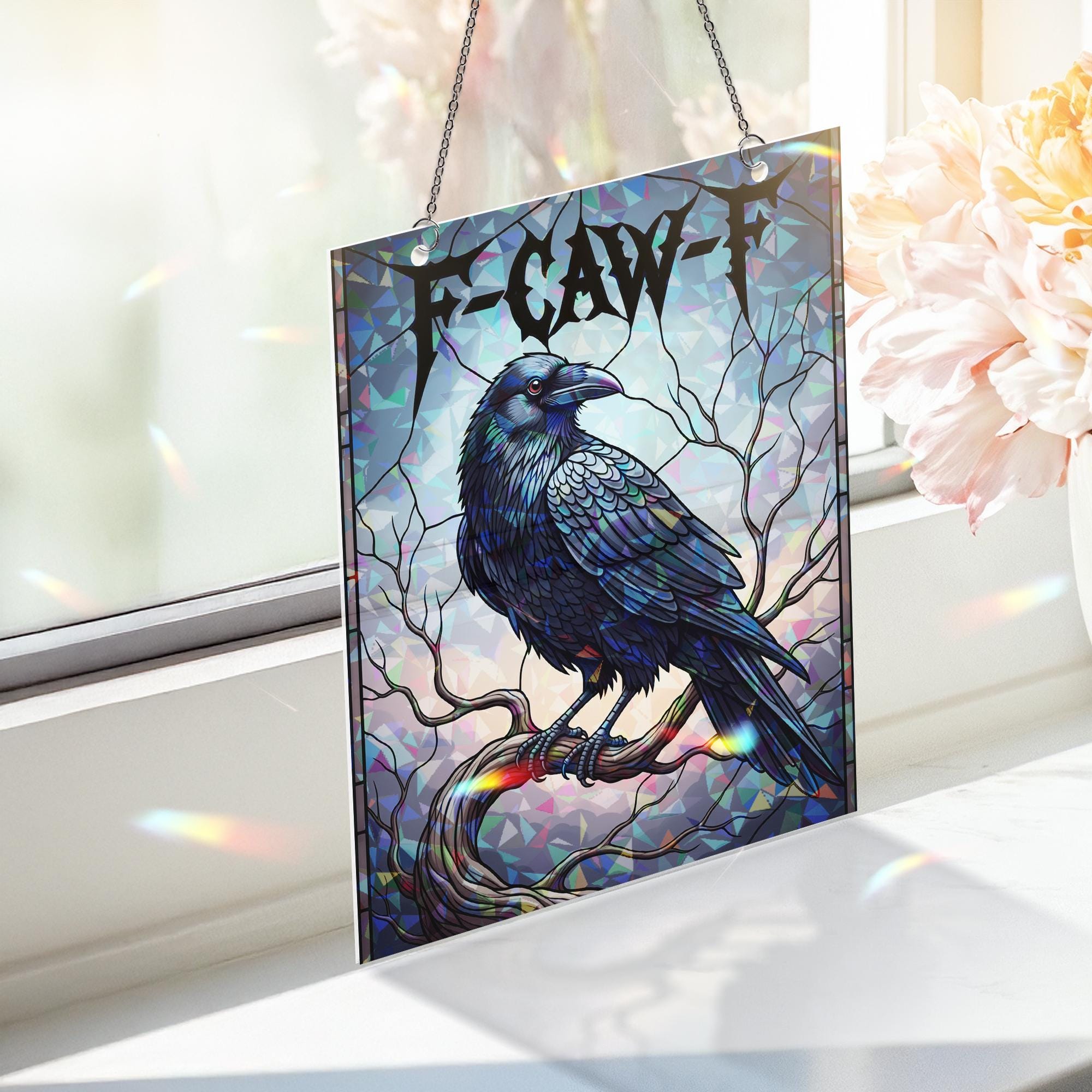Gothic Raven Suncatcher – Funny F-Caw-F Window Hanging Crow Halloween Decor