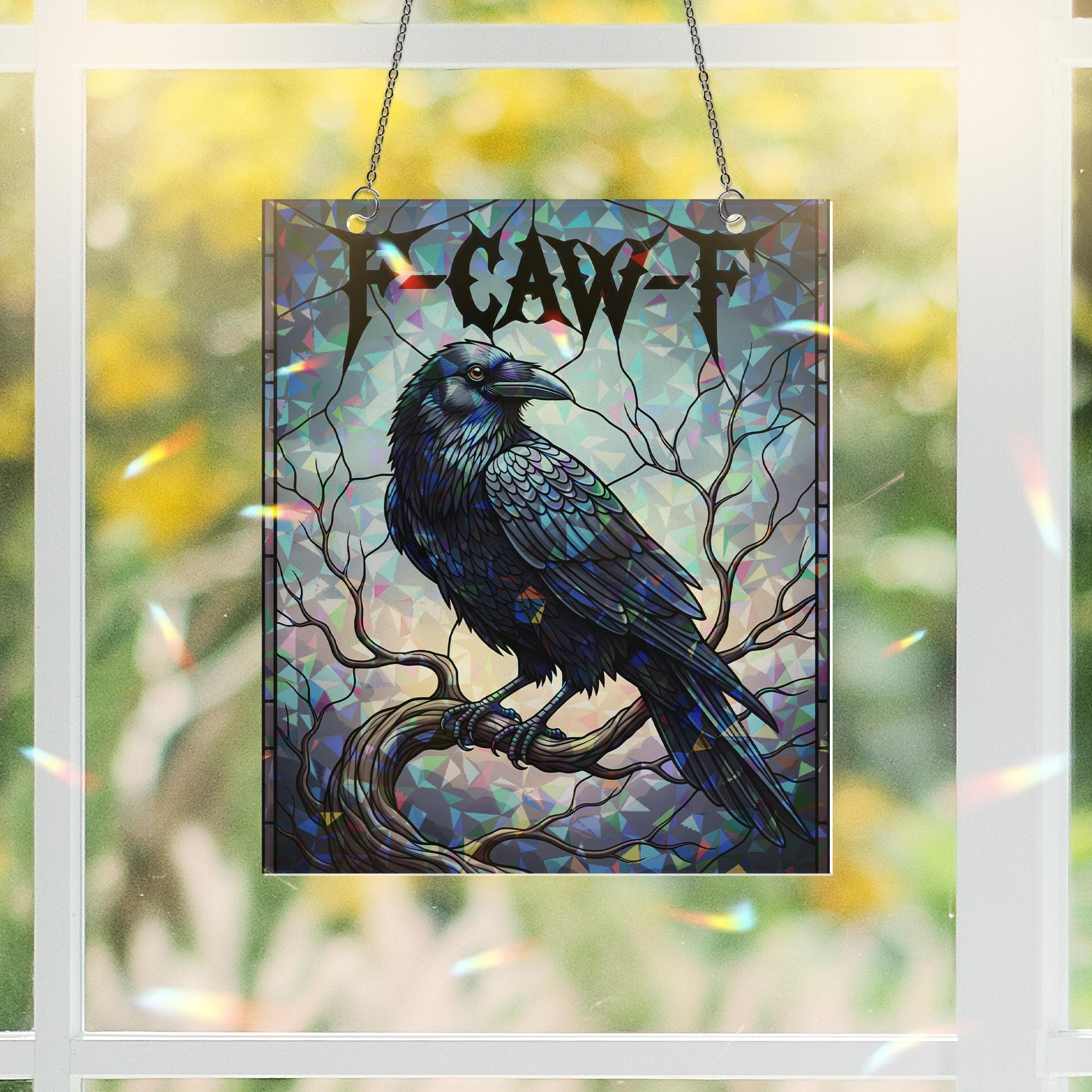 Gothic Raven Suncatcher – Funny F-Caw-F Window Hanging Crow Halloween Decor