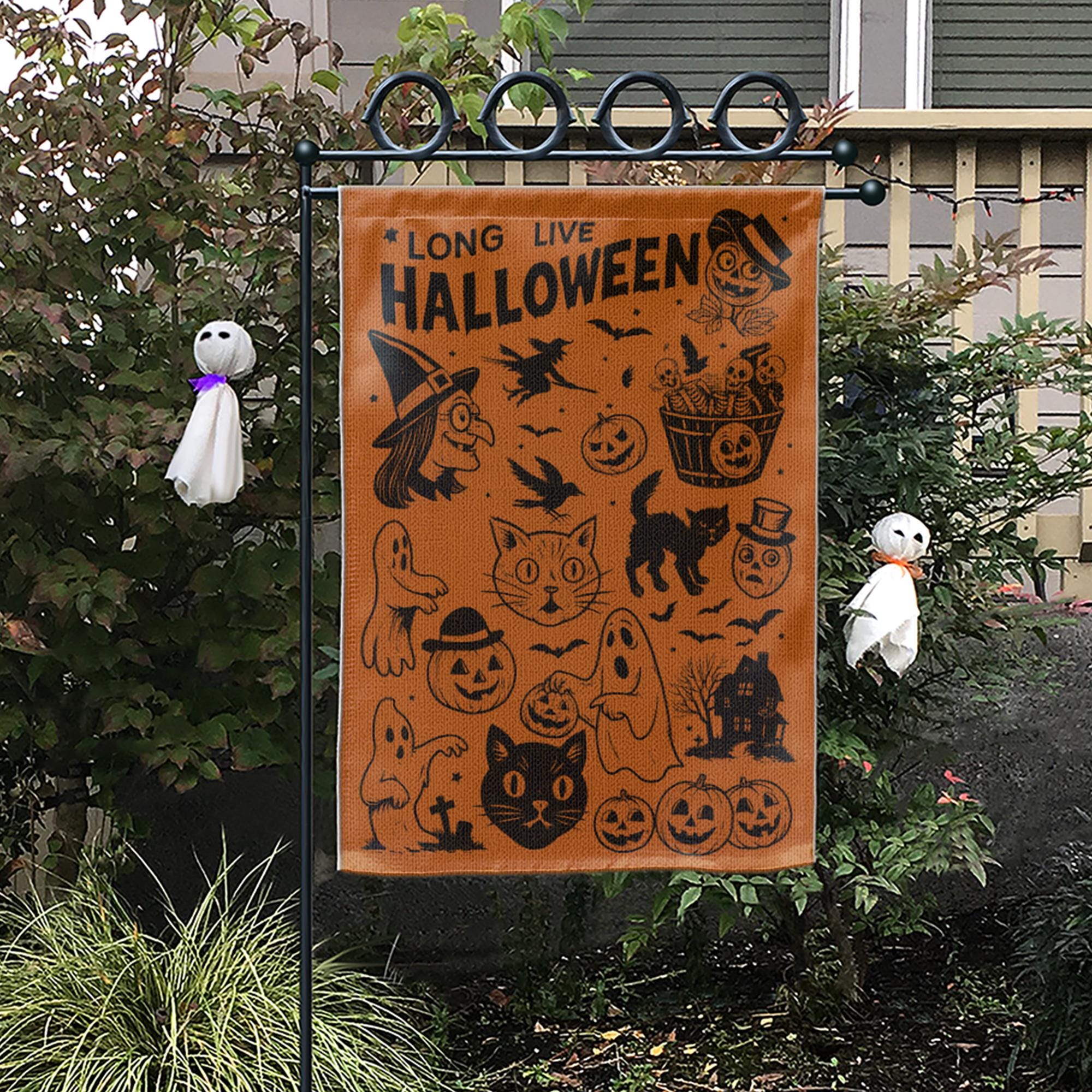 Vintage Halloween Garden Flag, Retro Witch Ghost Cat Pumpkin Decor, Outdoor Fall Yard Decoration, Spooky Season Porch Sign