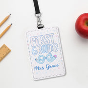 First Grade Teacher Badge Holder, Personalized ID Tag for Teachers, Cute Pencil Bow Design, Custom Name Badge, Back to School Gift