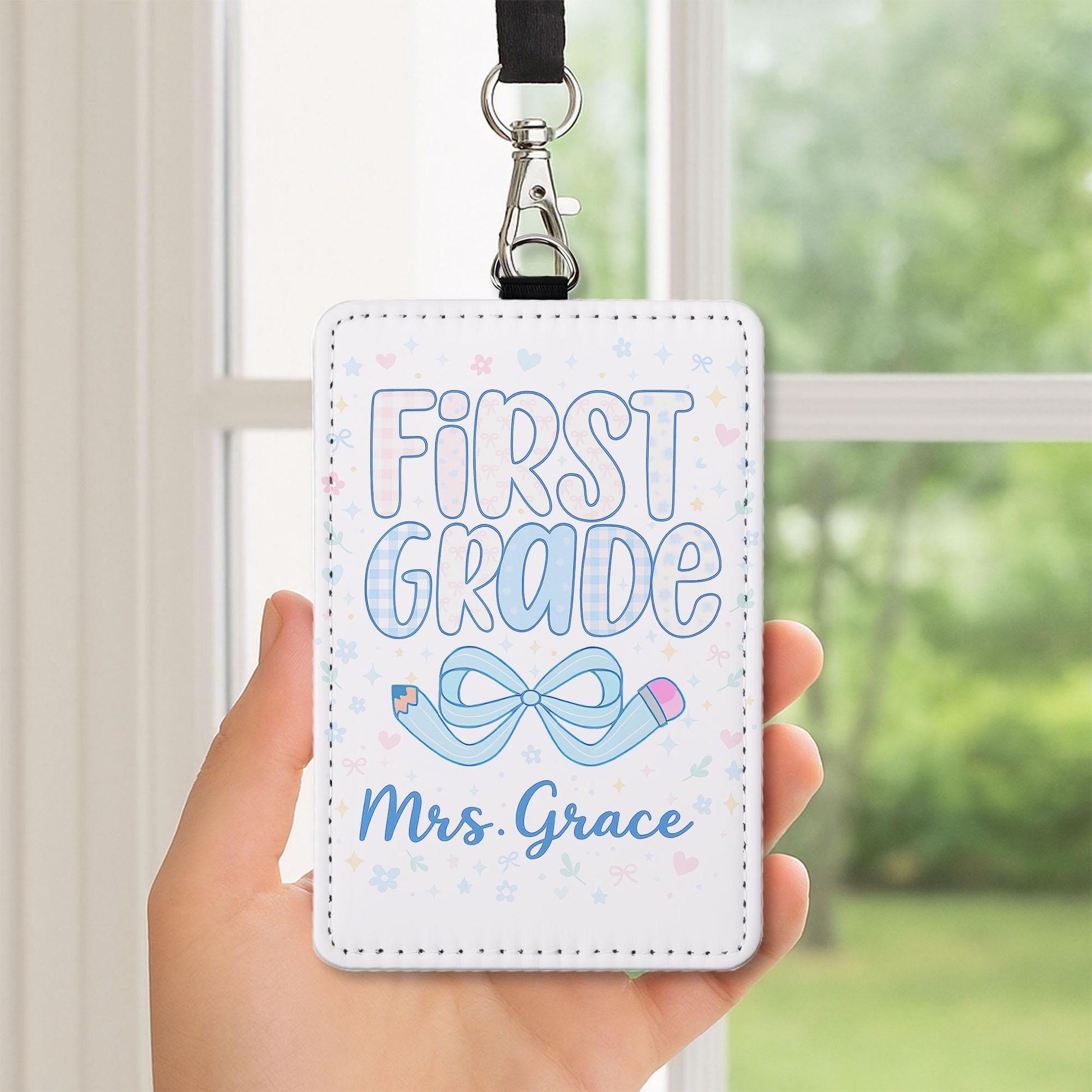 First Grade Teacher Badge Holder, Personalized ID Tag for Teachers, Cute Pencil Bow Design, Custom Name Badge, Back to School Gift