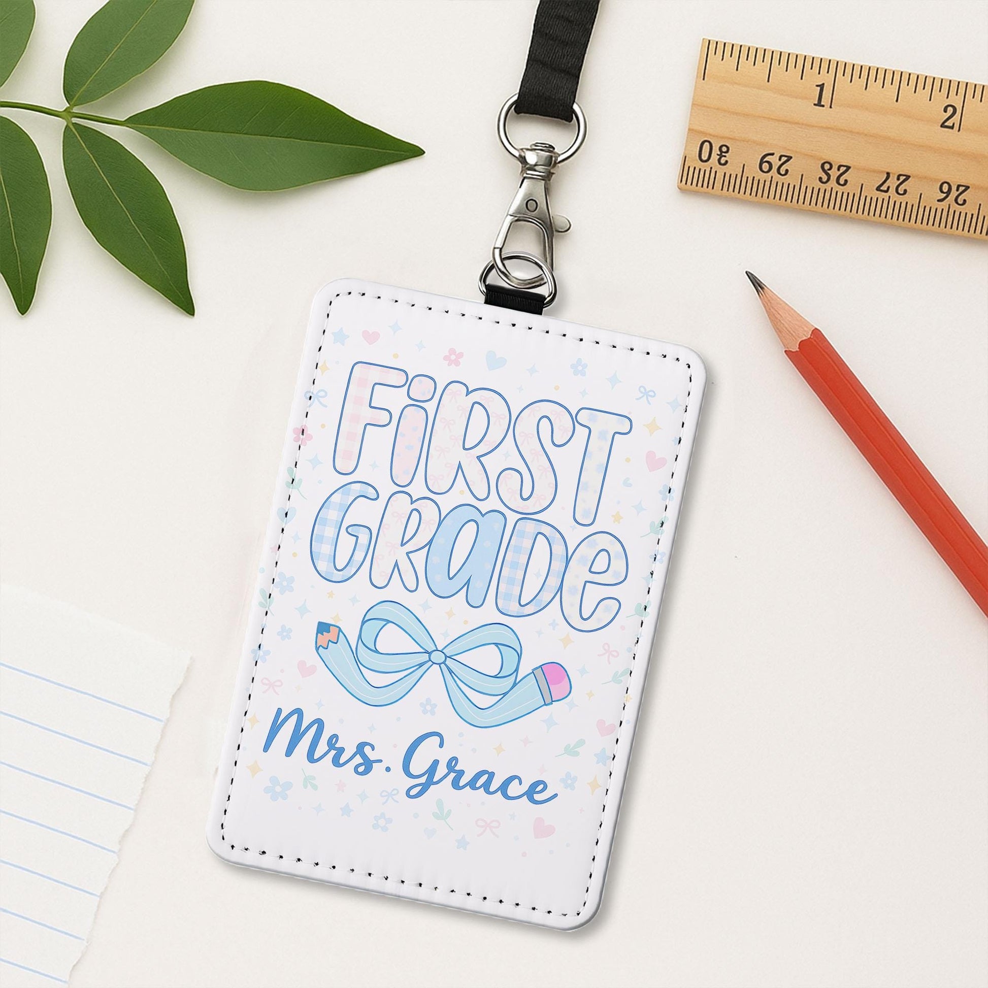 First Grade Teacher Badge Holder, Personalized ID Tag for Teachers, Cute Pencil Bow Design, Custom Name Badge, Back to School Gift