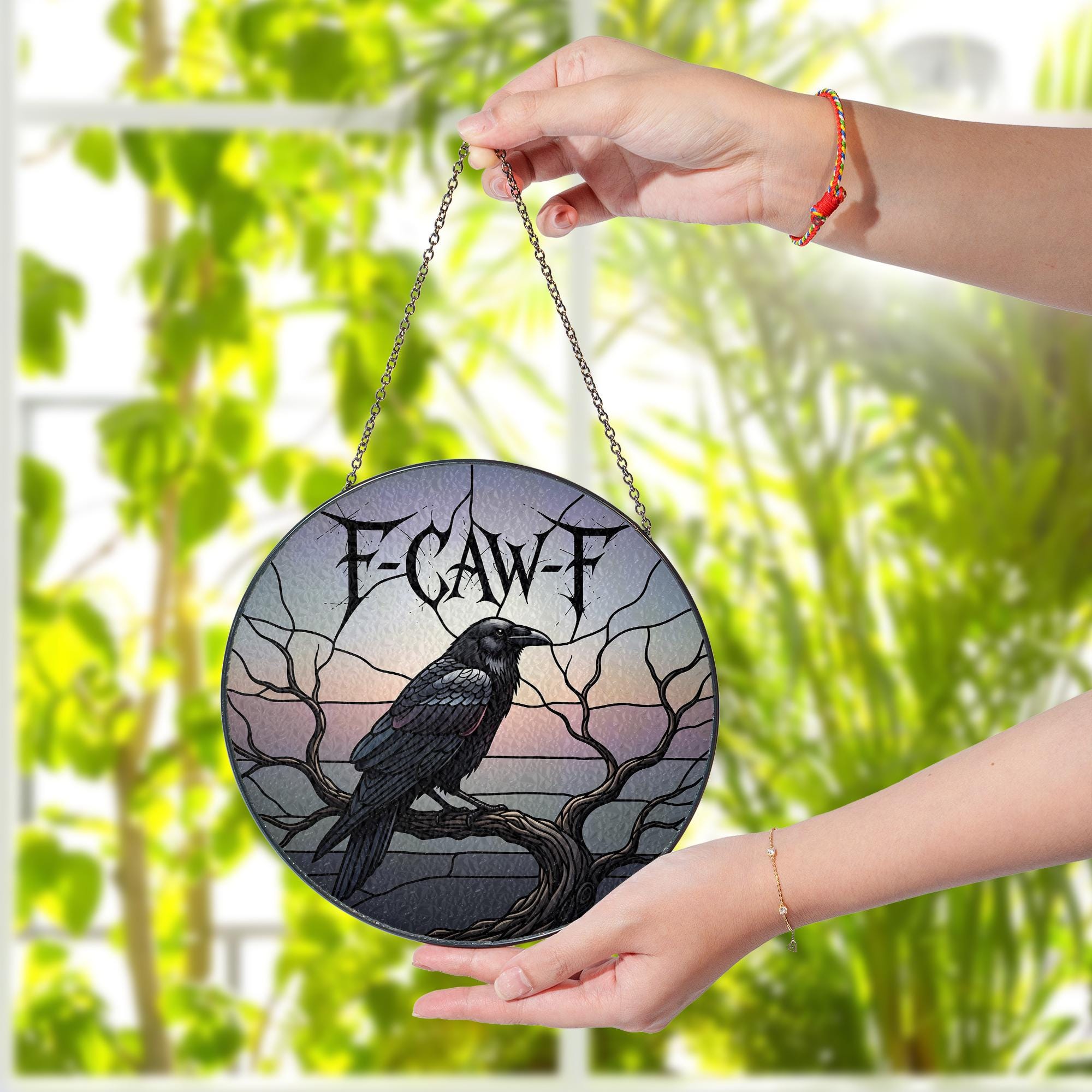 F-Caw-F Raven Round Suncatcher – Gothic Crow Window Hanging Halloween Decor
