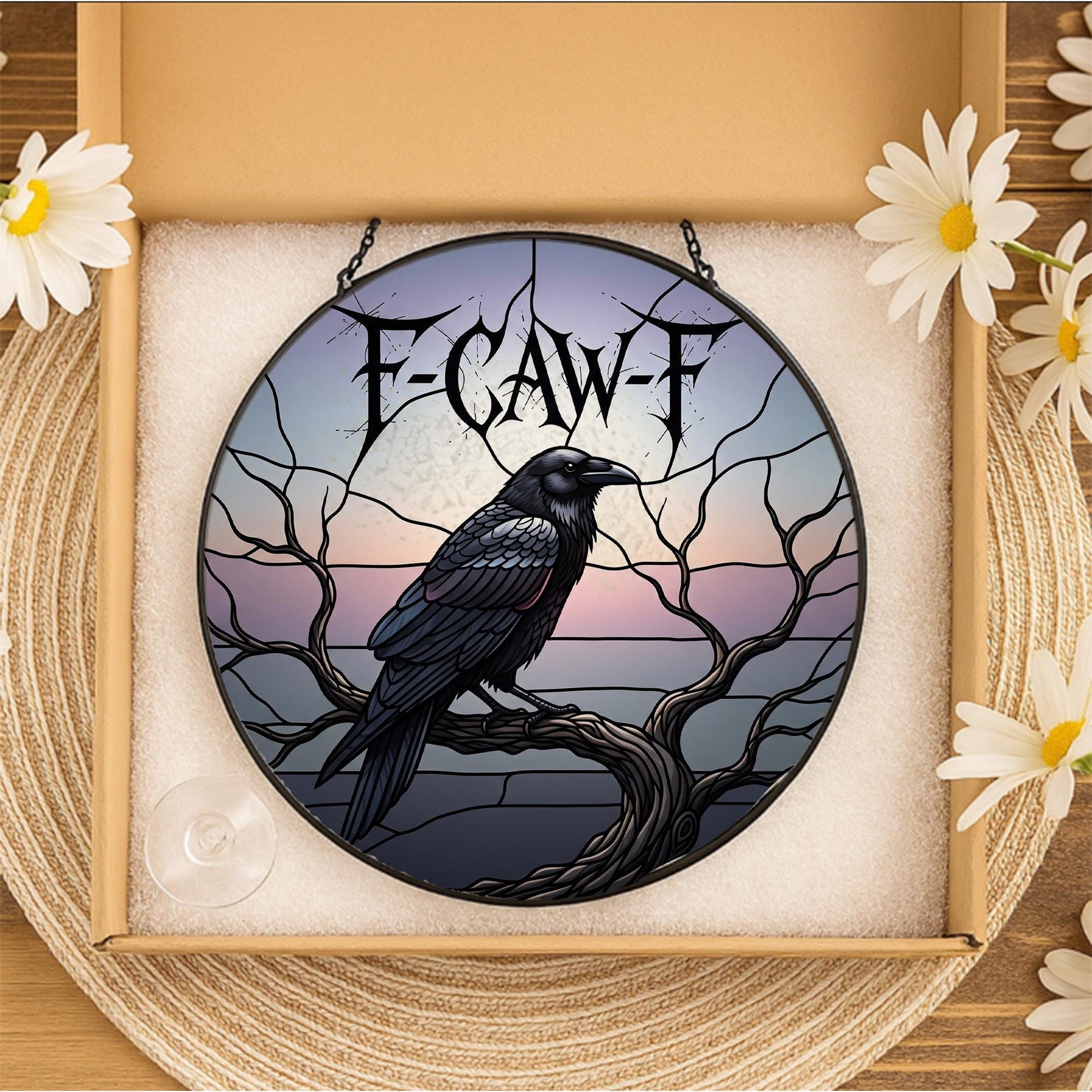 F-Caw-F Raven Round Suncatcher – Gothic Crow Window Hanging Halloween Decor