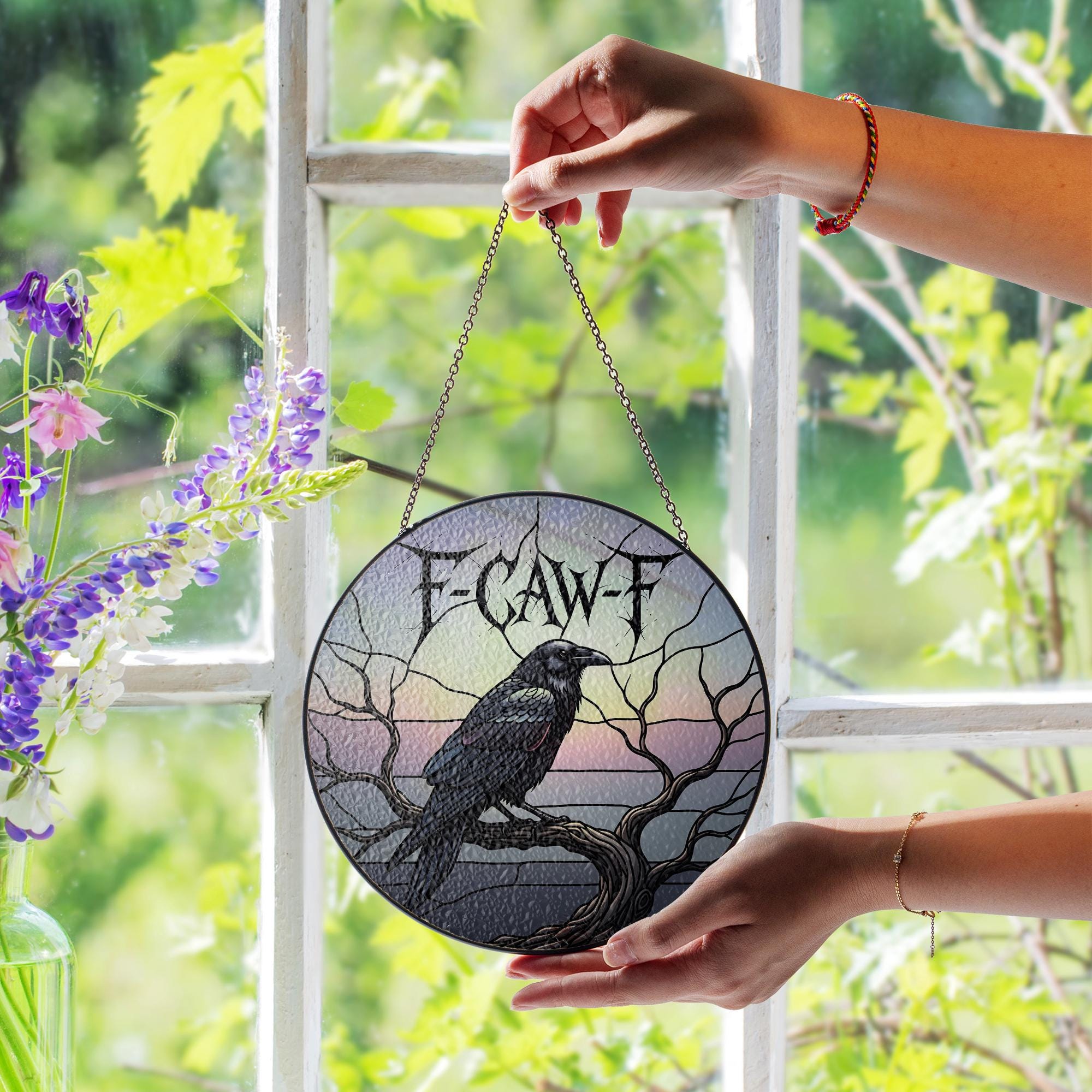 F-Caw-F Raven Round Suncatcher – Gothic Crow Window Hanging Halloween Decor