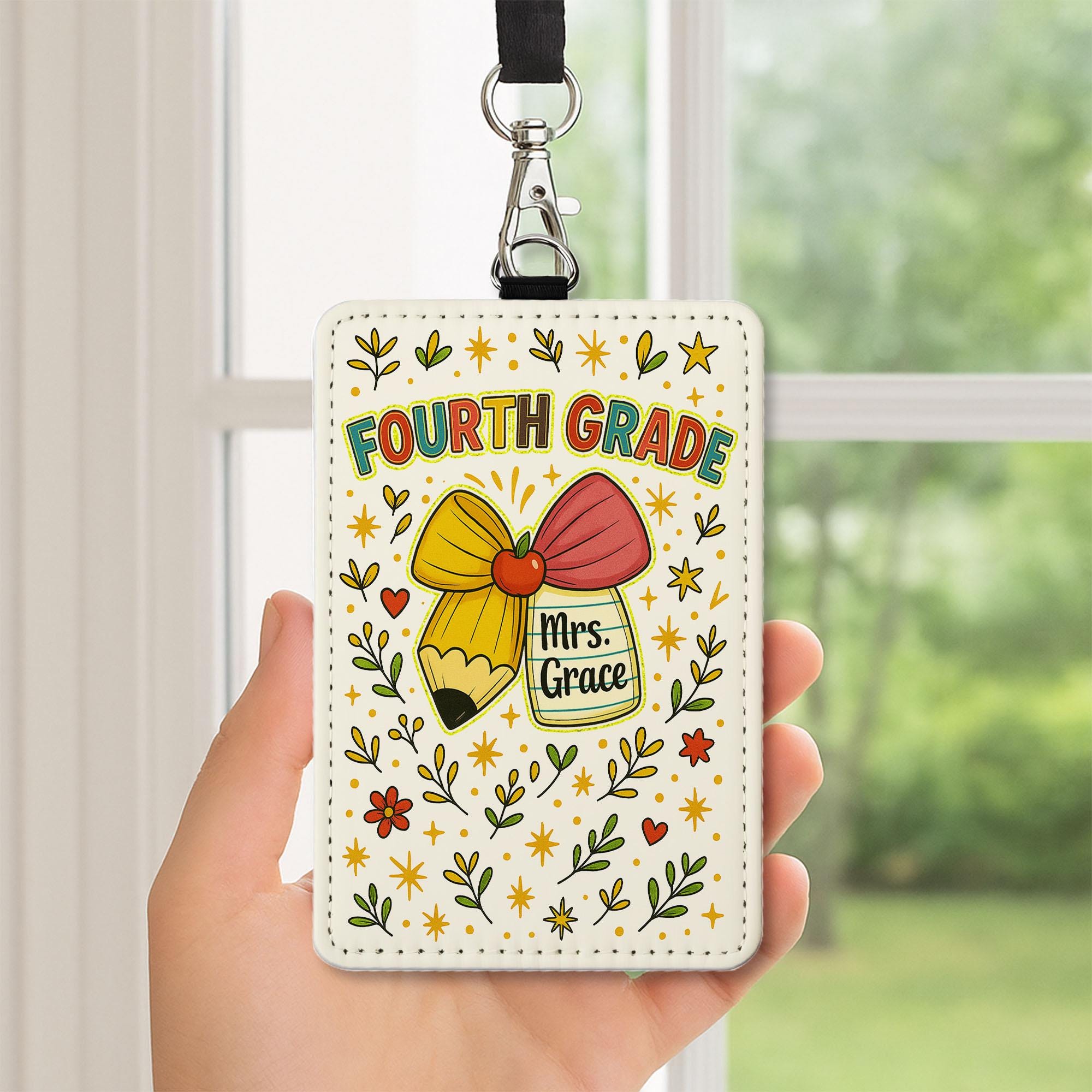 Fourth Grade Teacher Badge Holder, Faux Glitter ID Tag, Personalized Lanyard, Cute Pencil & Jar Design, Teacher Name Tag