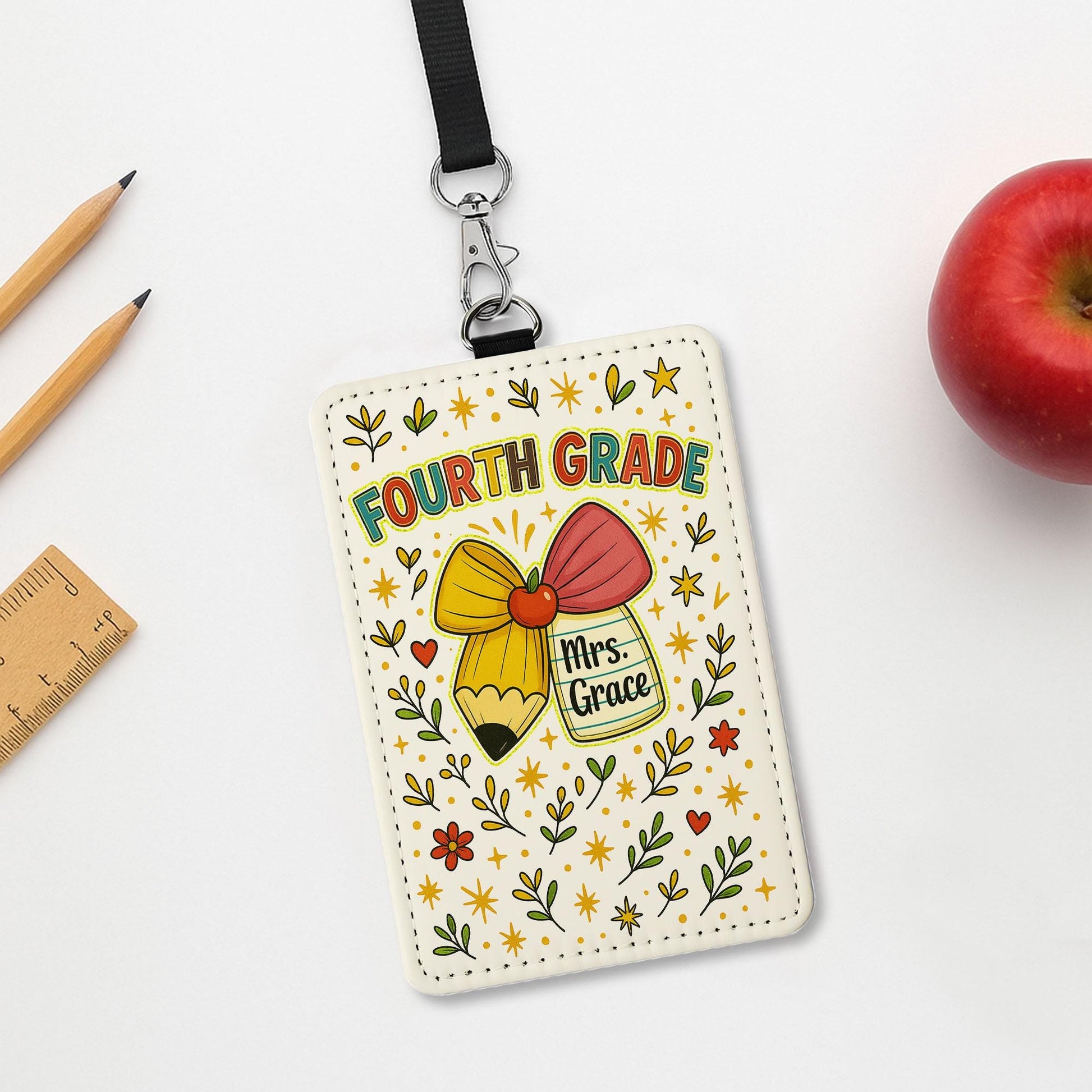 Fourth Grade Teacher Badge Holder, Faux Glitter ID Tag, Personalized Lanyard, Cute Pencil & Jar Design, Teacher Name Tag