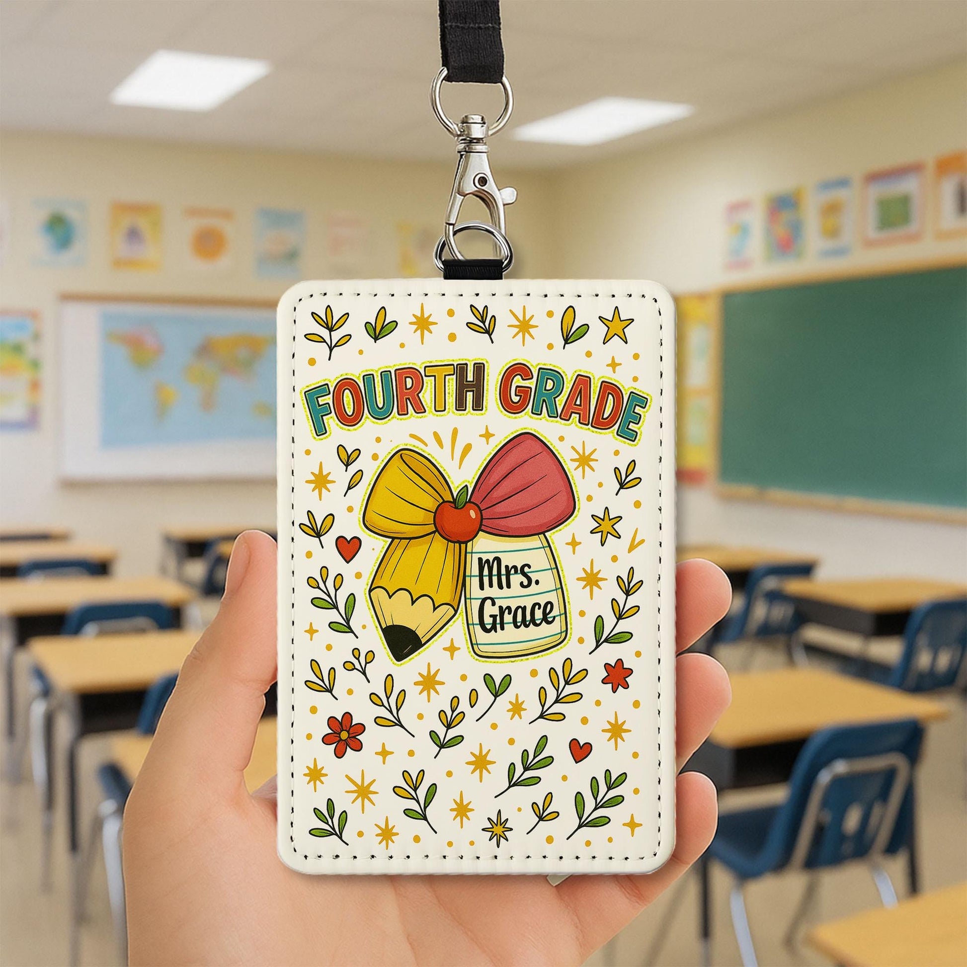 Fourth Grade Teacher Badge Holder, Faux Glitter ID Tag, Personalized Lanyard, Cute Pencil & Jar Design, Teacher Name Tag