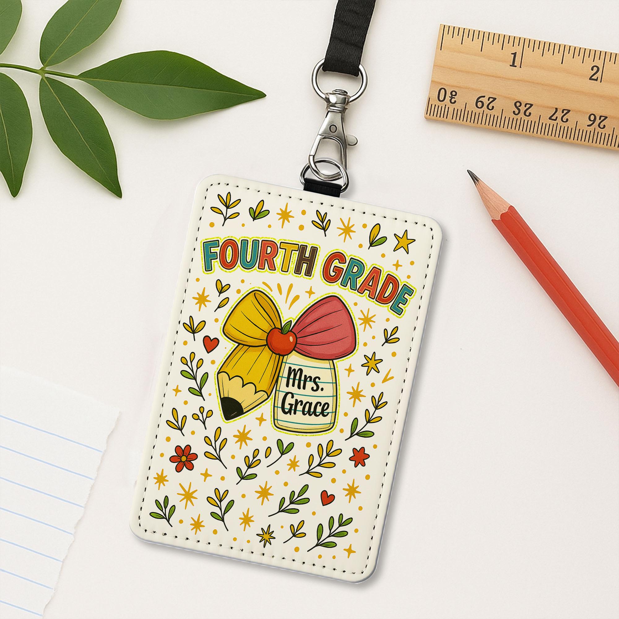 Fourth Grade Teacher Badge Holder, Faux Glitter ID Tag, Personalized Lanyard, Cute Pencil & Jar Design, Teacher Name Tag