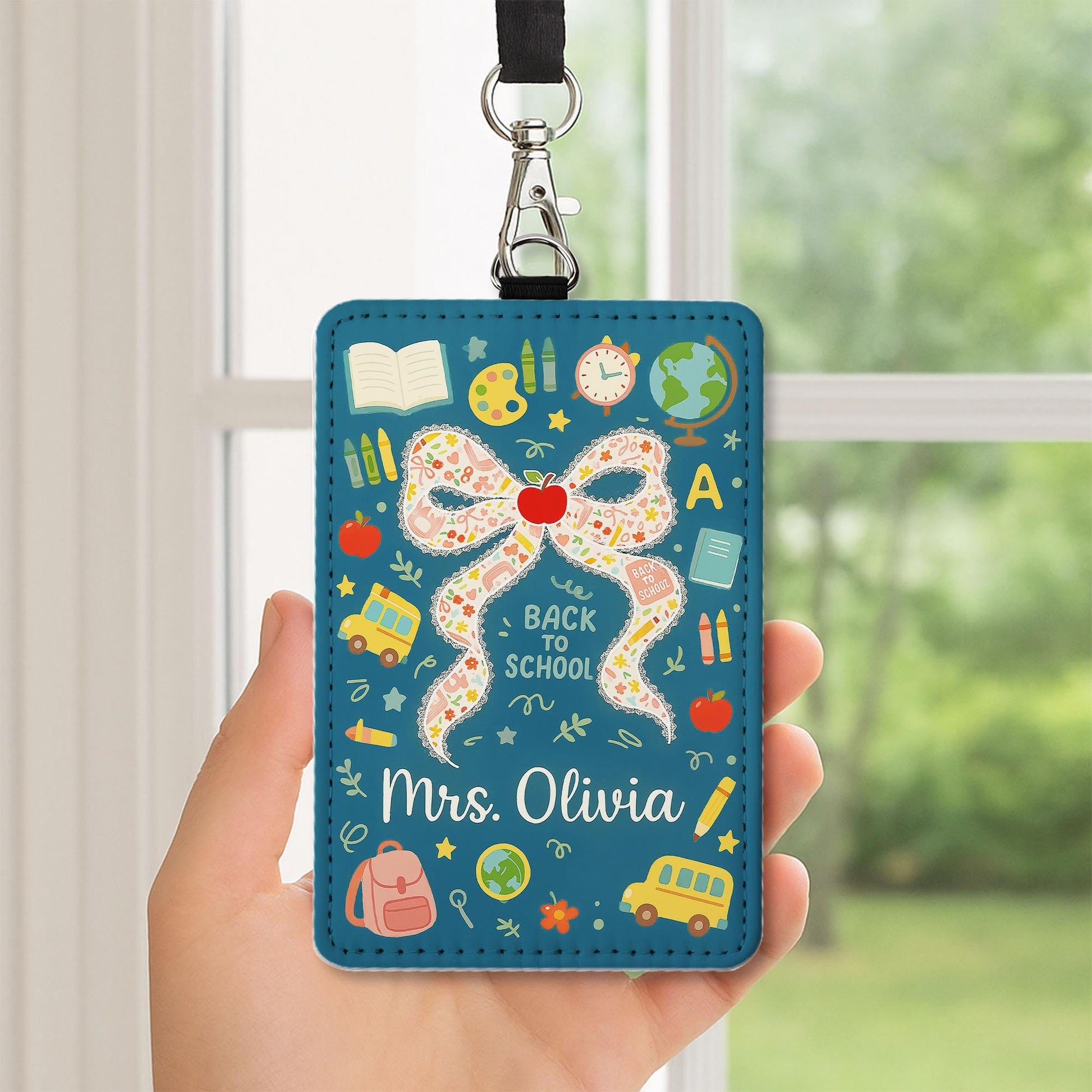 Back to School Teacher Badge, Custom ID Holder with Name, Cute Bow and Apple Design, Personalized Lanyard Tag for Teachers