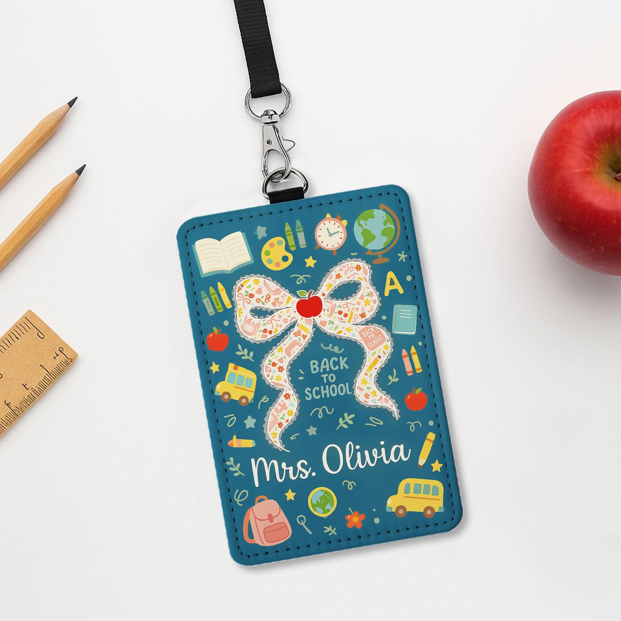 Back to School Teacher Badge, Custom ID Holder with Name, Cute Bow and Apple Design, Personalized Lanyard Tag for Teachers