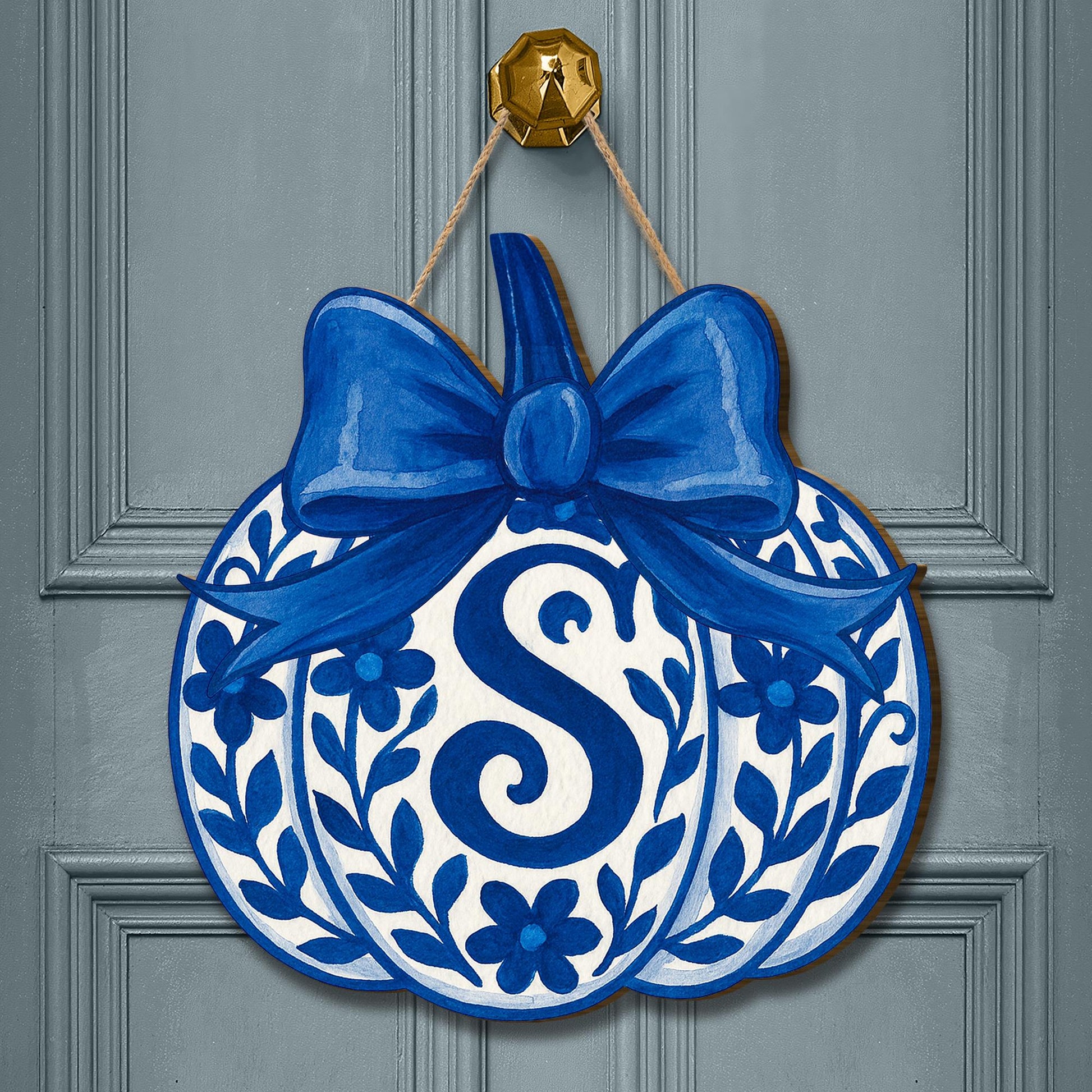 Chinoiserie Pumpkin Door Hanger – Personalized Blue Fall Monogram Sign – Elegant Front Porch Autumn Decor gift fall sign