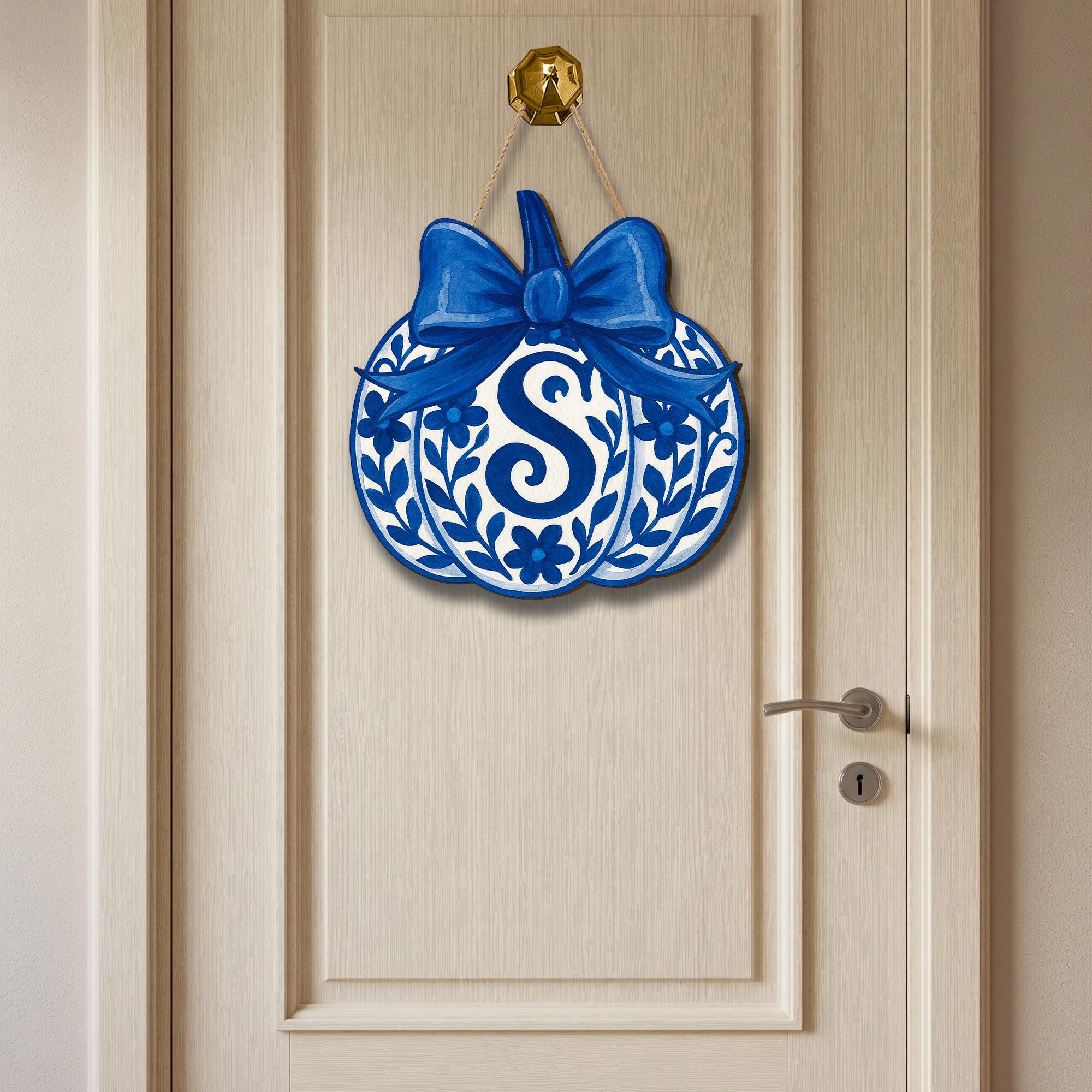 Chinoiserie Pumpkin Door Hanger – Personalized Blue Fall Monogram Sign – Elegant Front Porch Autumn Decor gift fall sign