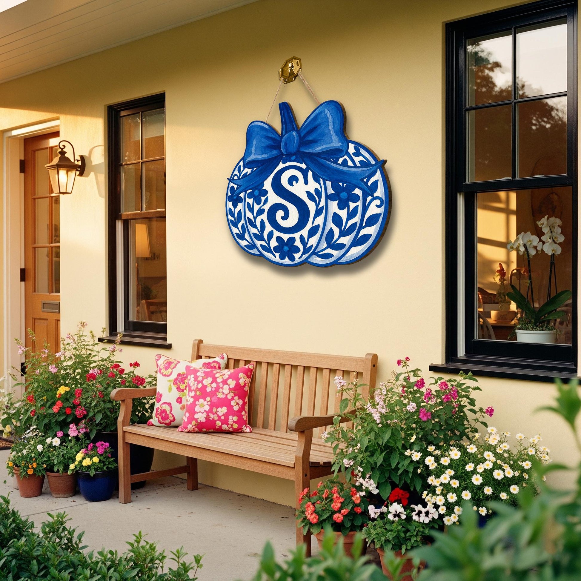 Chinoiserie Pumpkin Door Hanger – Personalized Blue Fall Monogram Sign – Elegant Front Porch Autumn Decor gift fall sign