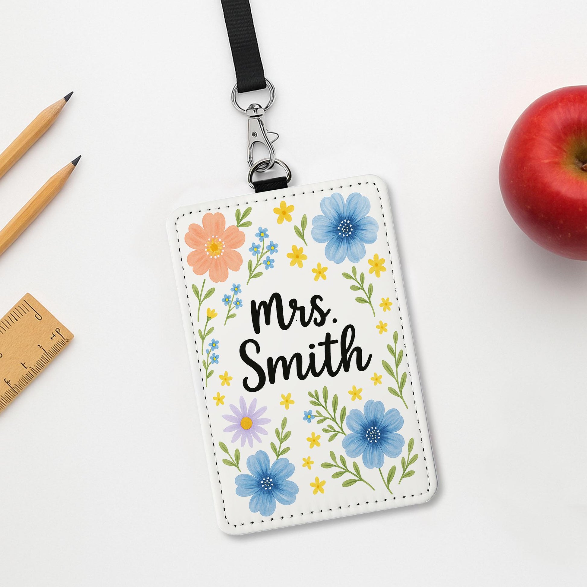Floral Teacher Badge Holder, Custom Name ID Tag, Personalized Lanyard for Women, Cute Flower Design, Back to School Gift