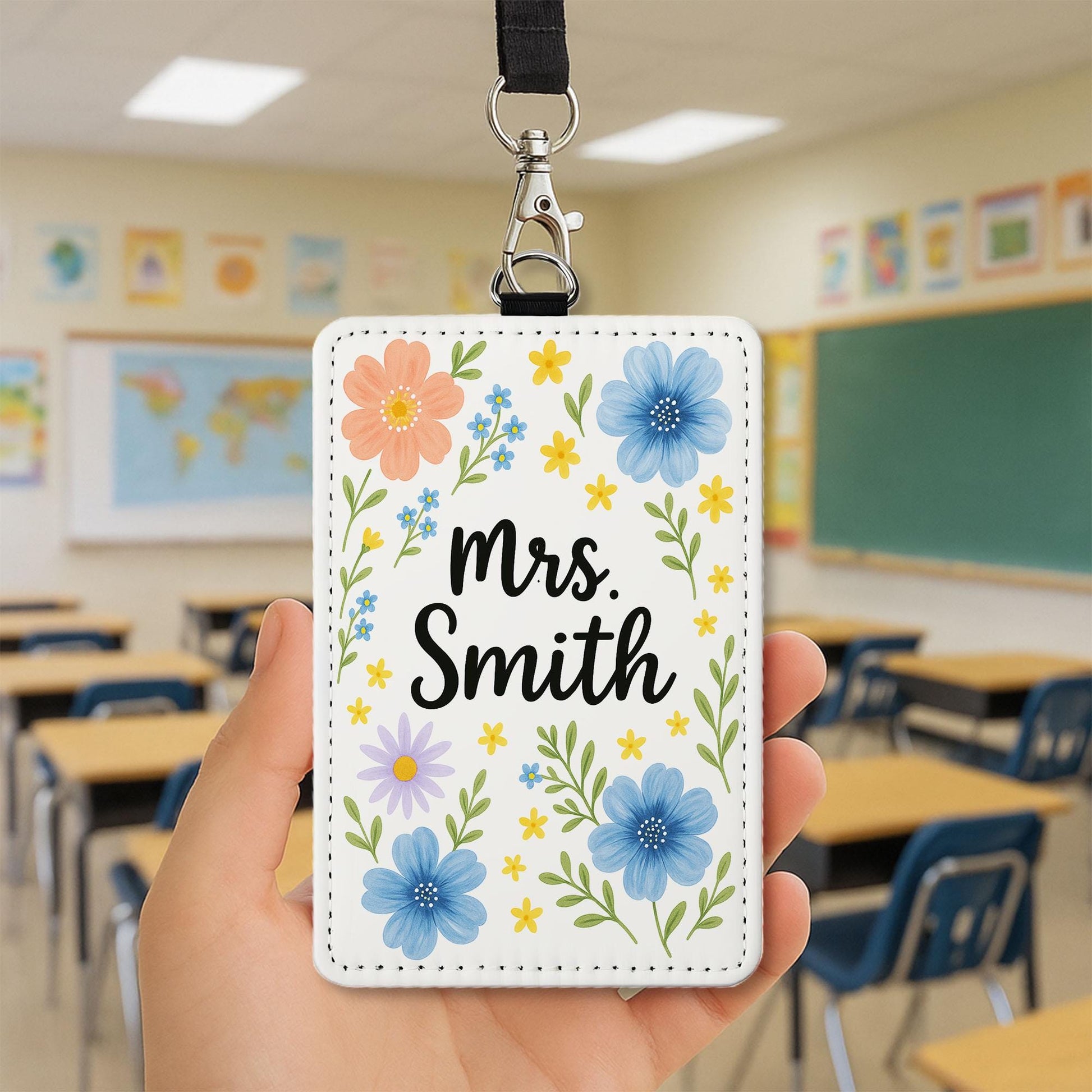 Floral Teacher Badge Holder, Custom Name ID Tag, Personalized Lanyard for Women, Cute Flower Design, Back to School Gift