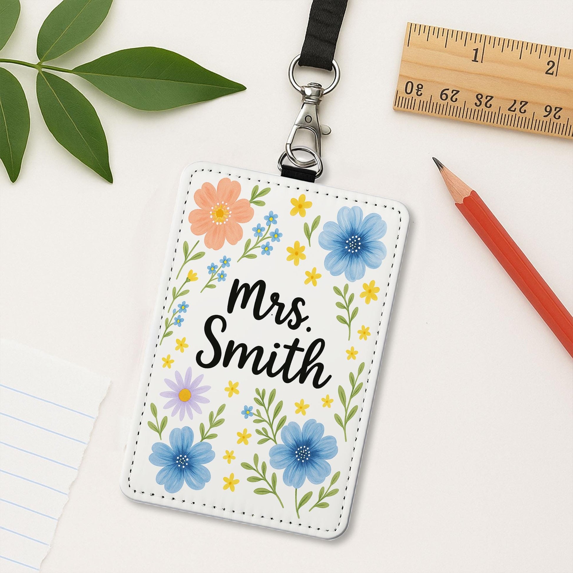 Floral Teacher Badge Holder, Custom Name ID Tag, Personalized Lanyard for Women, Cute Flower Design, Back to School Gift