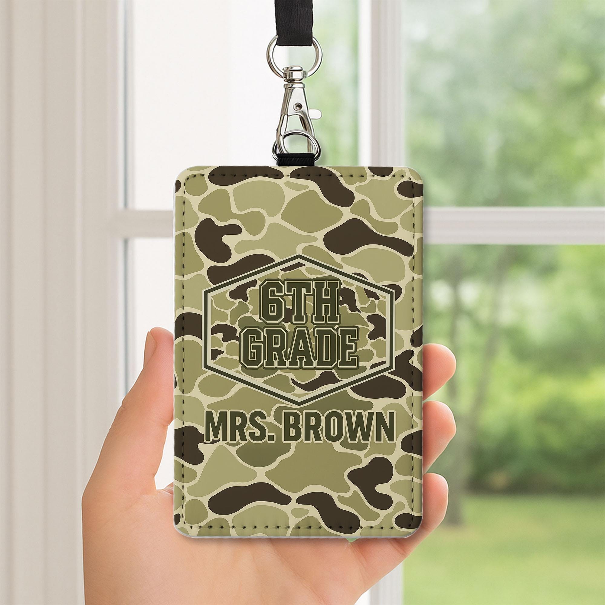 6th Grade Teacher Badge Holder, Personalized Camouflage ID Tag, Custom Name Badge for Men or Women, Back to School Teacher Gift