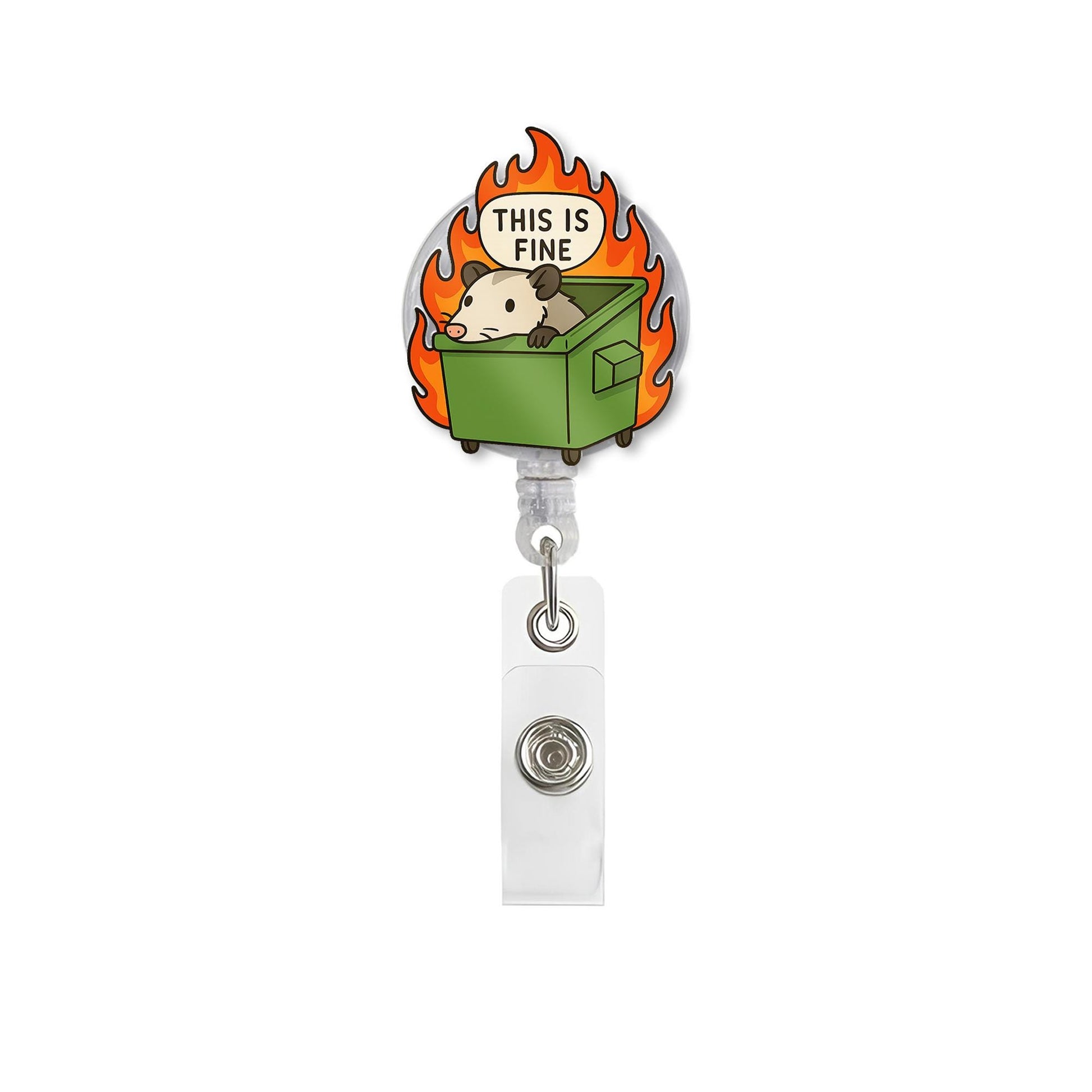 Funny Possum Badge Reel, This Is Fine Dumpster Fire ID Holder, Retractable Badge Clip, Cute Work Accessory, Humor Gift for Nurses