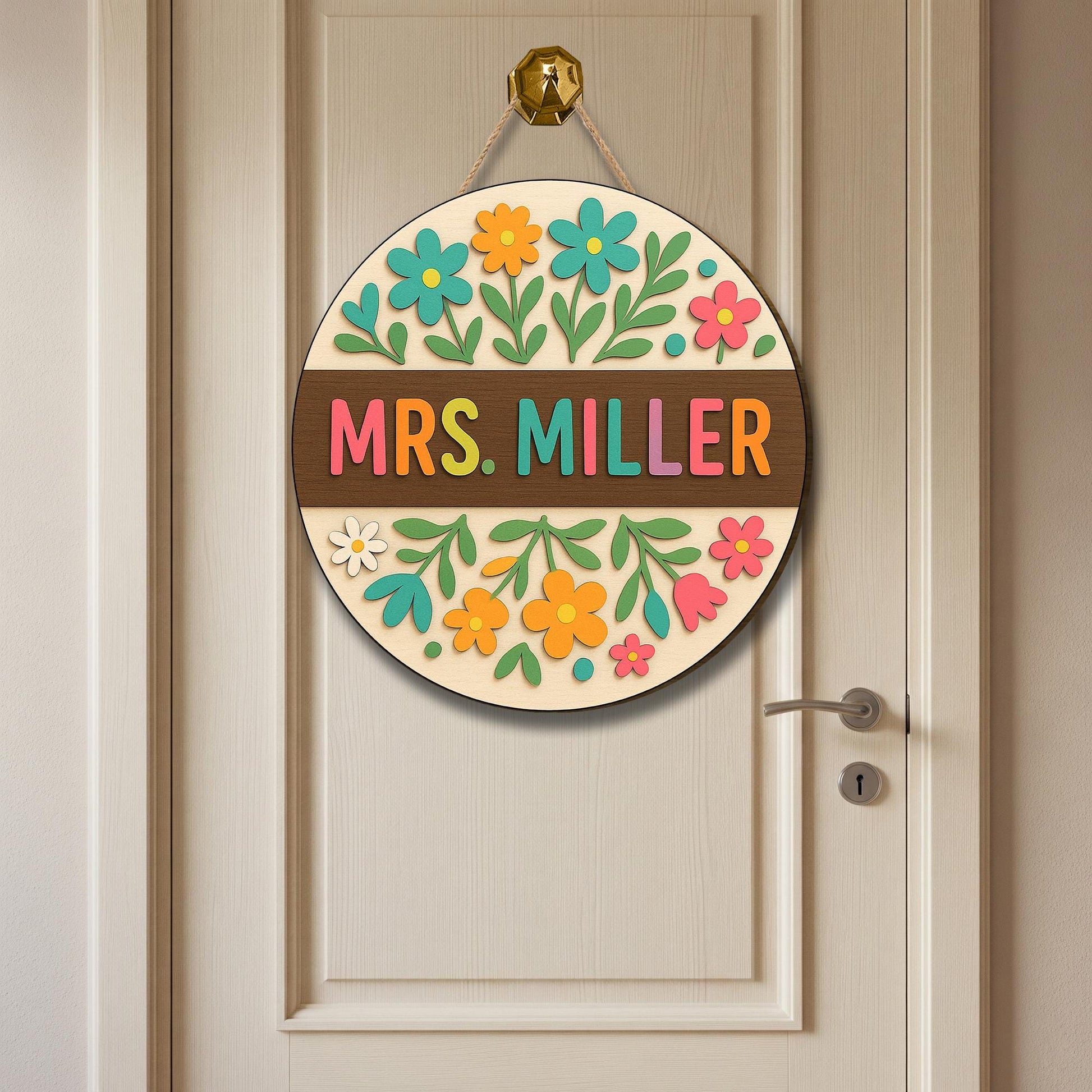 Teacher Door Hanger Sign, Custom Classroom Sign with Name, Floral Welcome Decor, Personalized Back to School Gift for Teachers