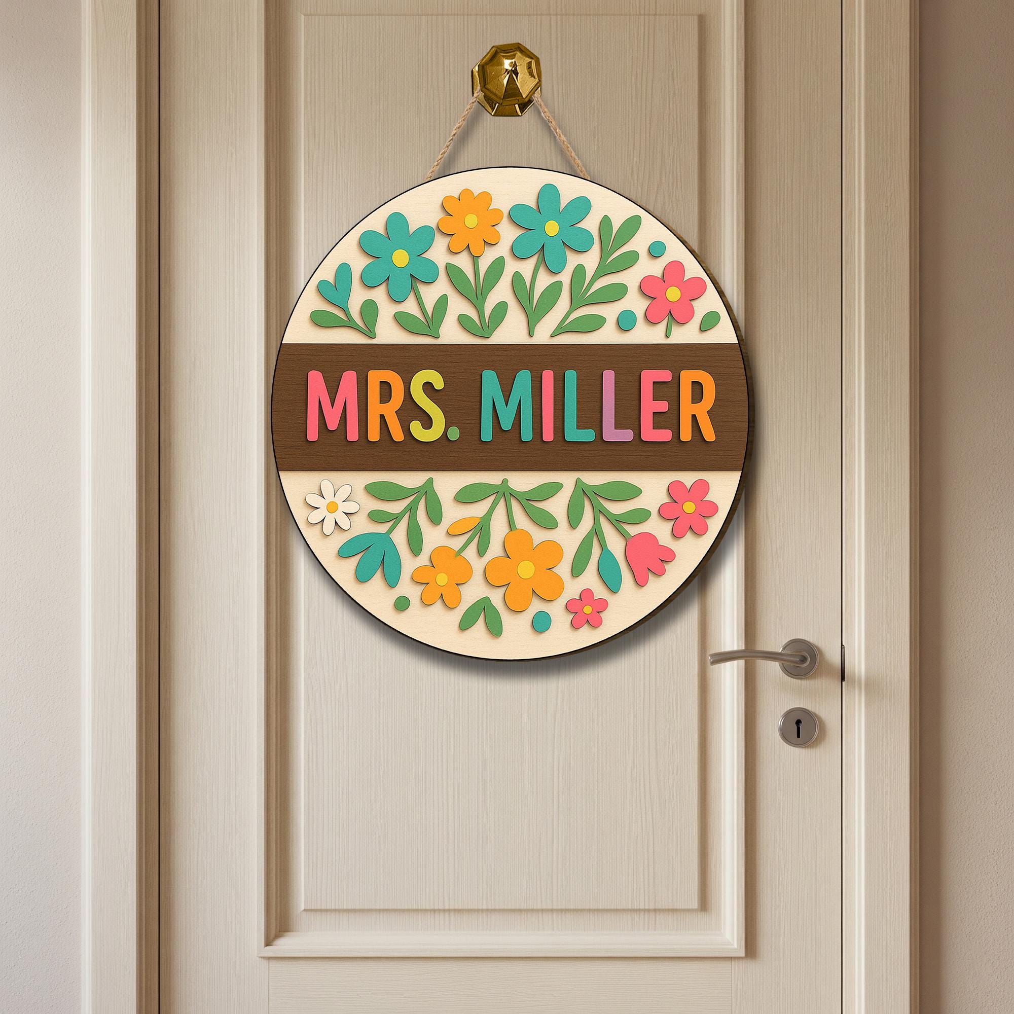 Teacher Door Hanger Sign, Custom Classroom Sign with Name, Floral Welcome Decor, Personalized Back to School Gift for Teachers