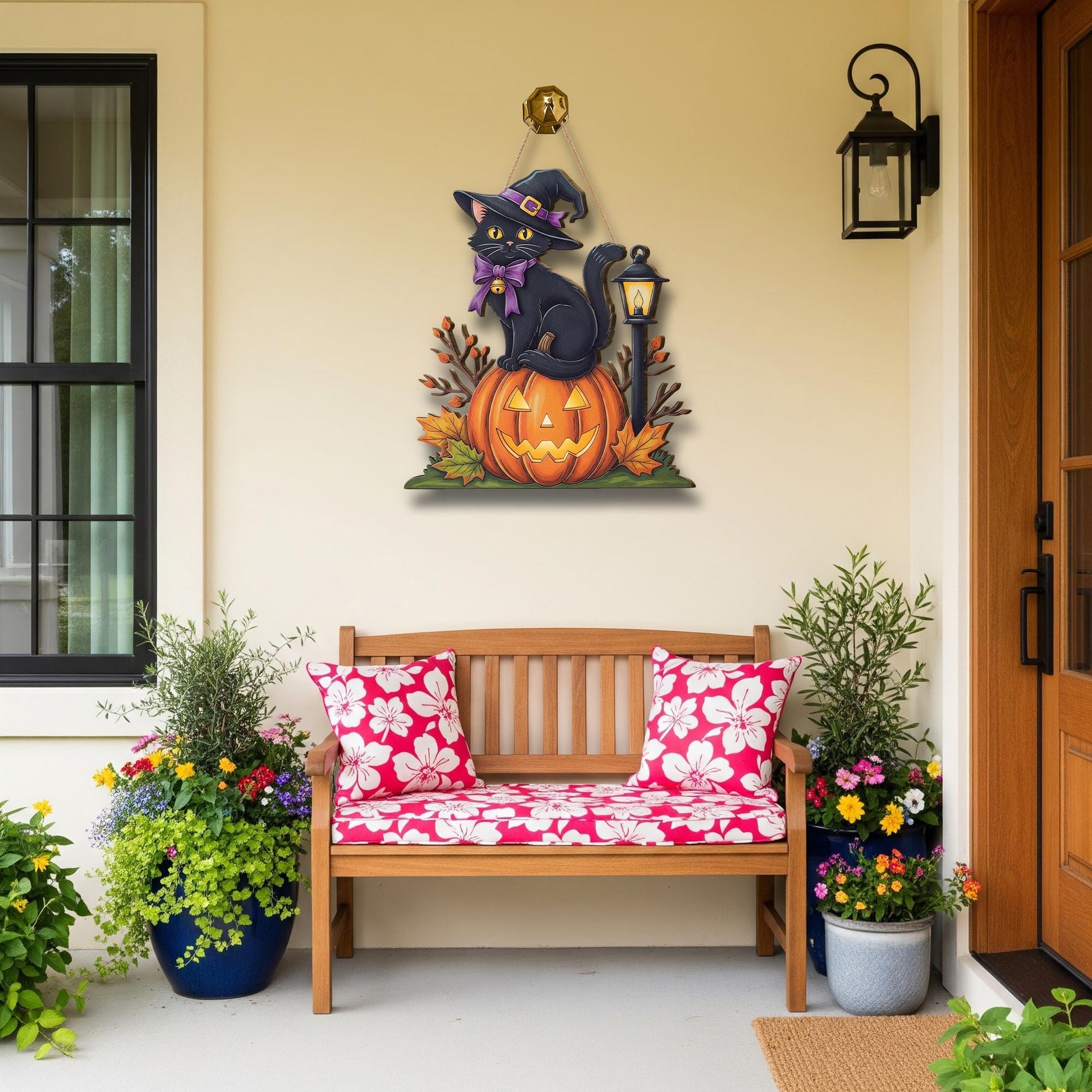 Halloween Black Cat Door Hanger – Cute Witch Cat Pumpkin Sign – Fall Porch Decor – Jack O’Lantern Kitty Hanging Decoration