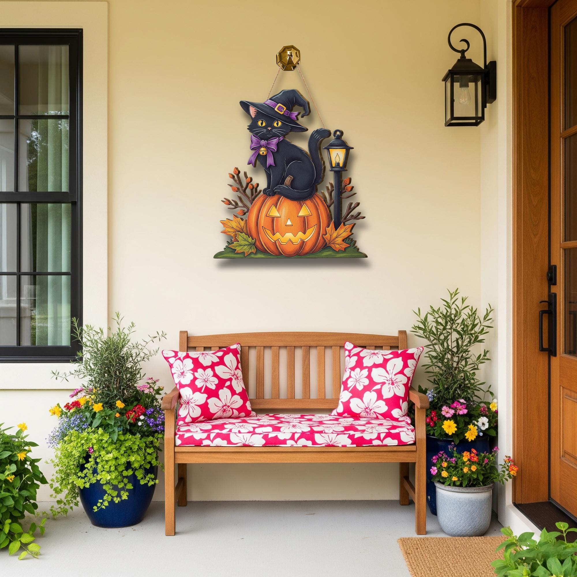 Halloween Black Cat Door Hanger – Cute Witch Cat Pumpkin Sign – Fall Porch Decor – Jack O’Lantern Kitty Hanging Decoration