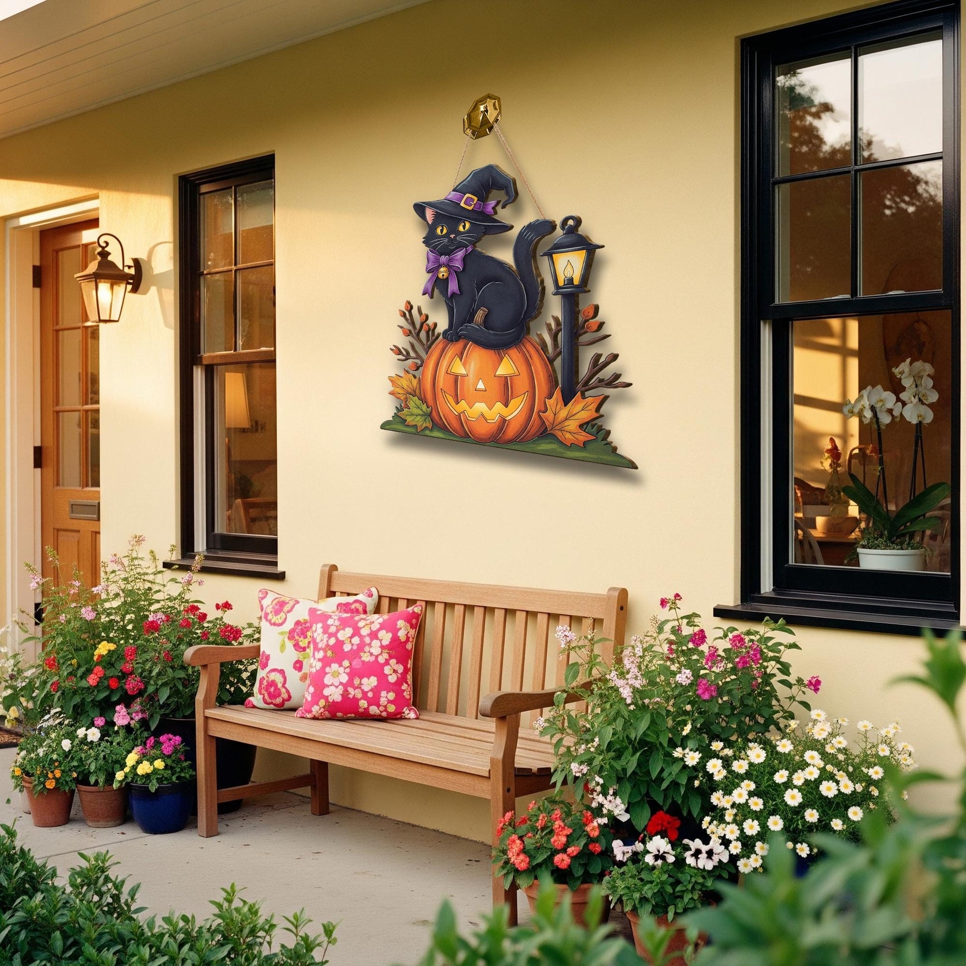 Halloween Black Cat Door Hanger – Cute Witch Cat Pumpkin Sign – Fall Porch Decor – Jack O’Lantern Kitty Hanging Decoration