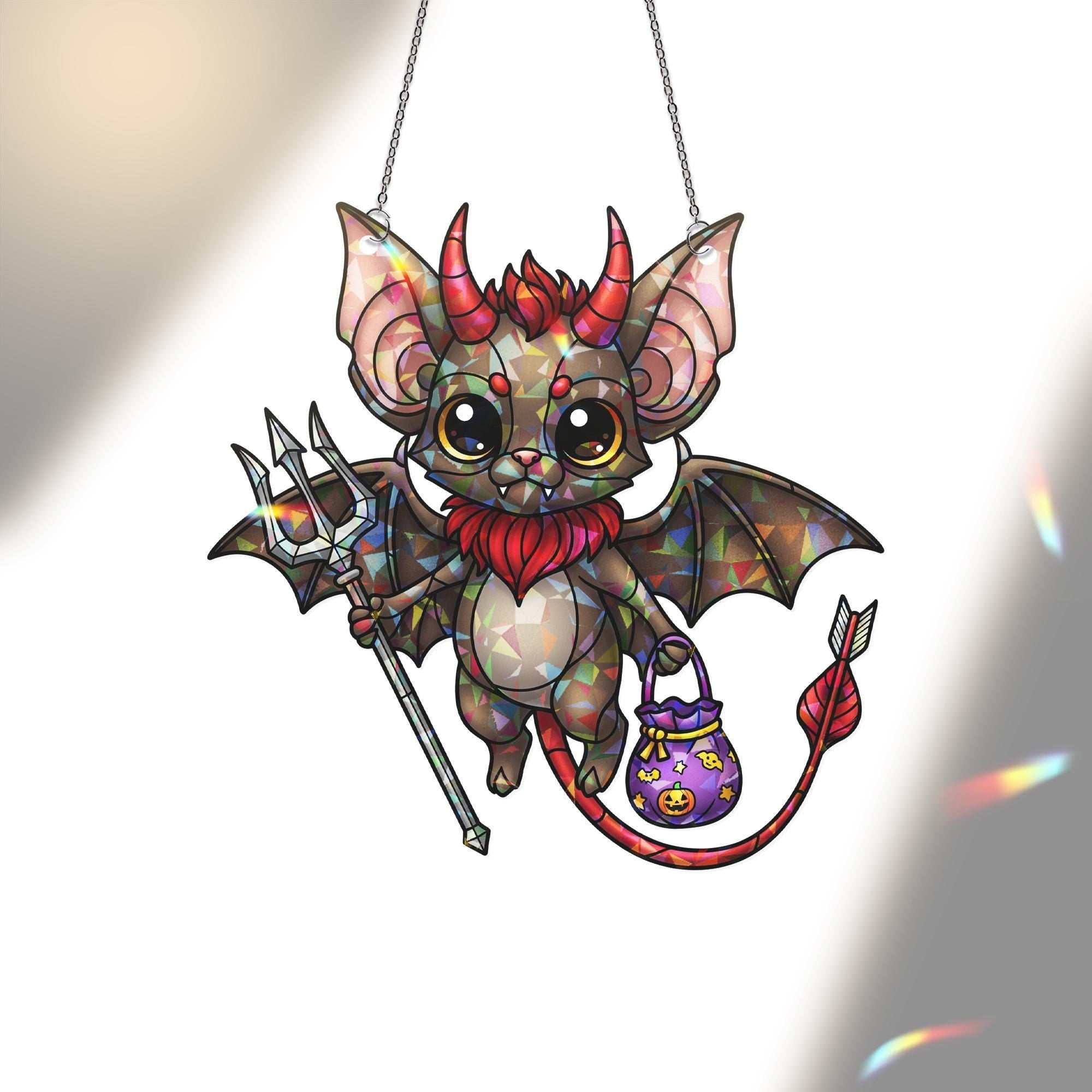 Cute Devil Bat Suncatcher – Halloween Stained Glass Ornament – Kawaii Demon Bat Window Hanging – Spooky Trick or Treat Decor