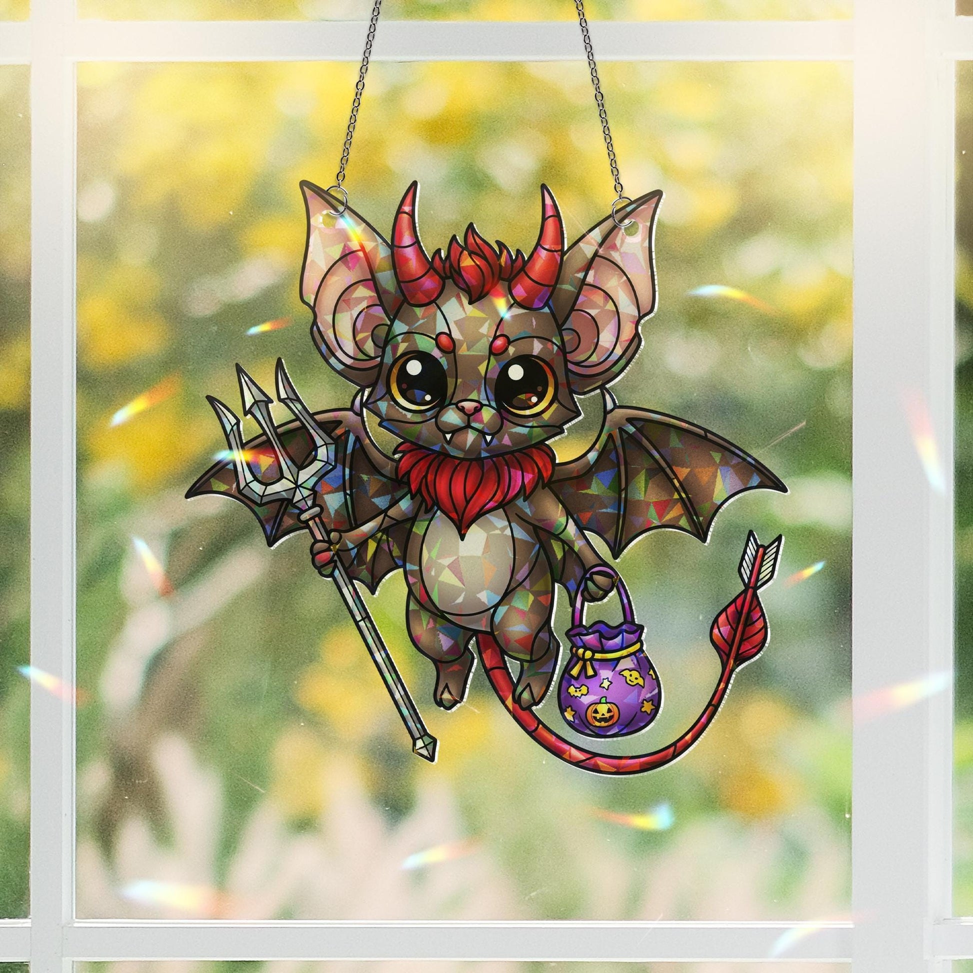 Cute Devil Bat Suncatcher – Halloween Stained Glass Ornament – Kawaii Demon Bat Window Hanging – Spooky Trick or Treat Decor