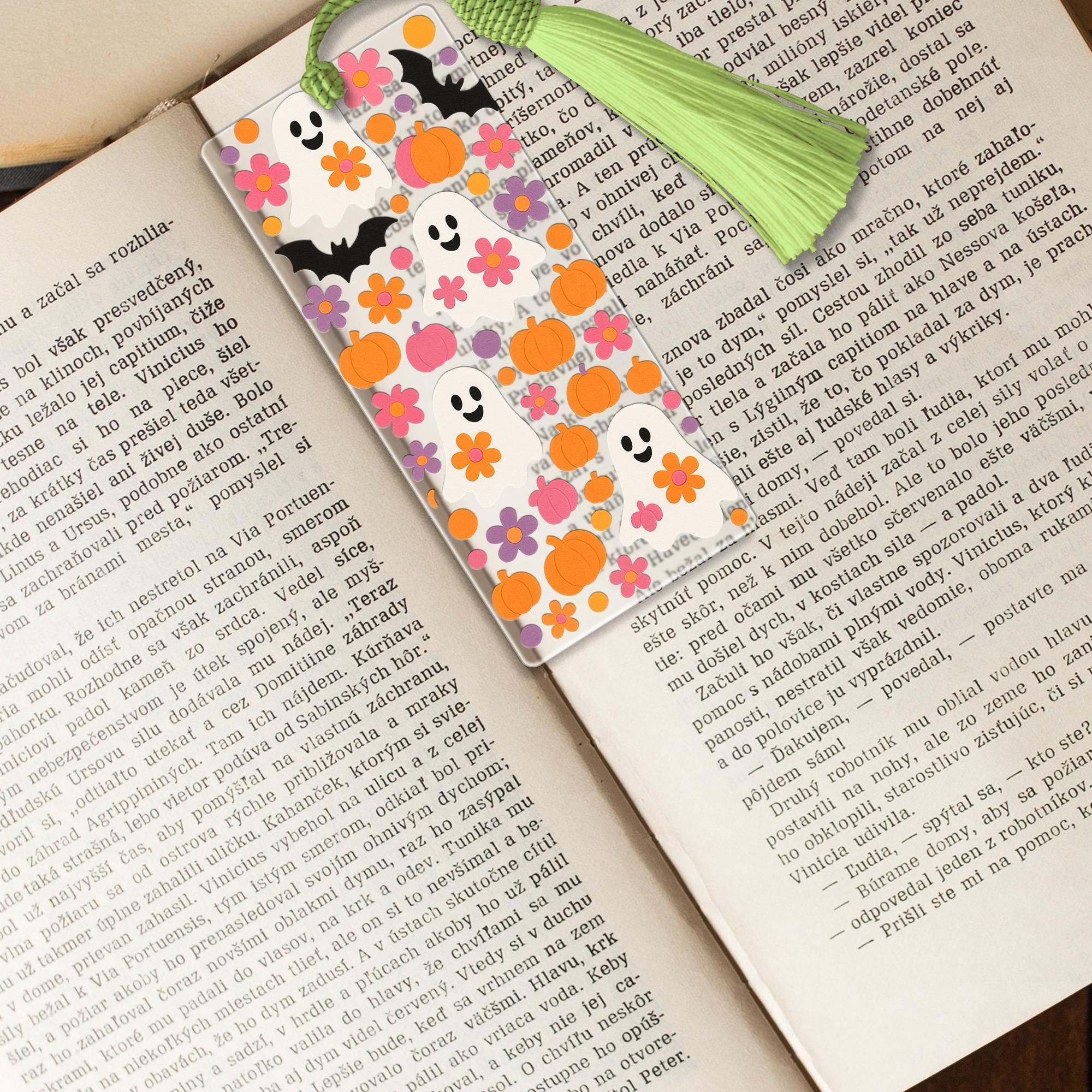 Cute Ghost Bookmark, Halloween Tassel Bookmark, Kawaii Pumpkin Ghost Gift, Spooky Fall Book Lover Accessory, Floral Bat Bookmark